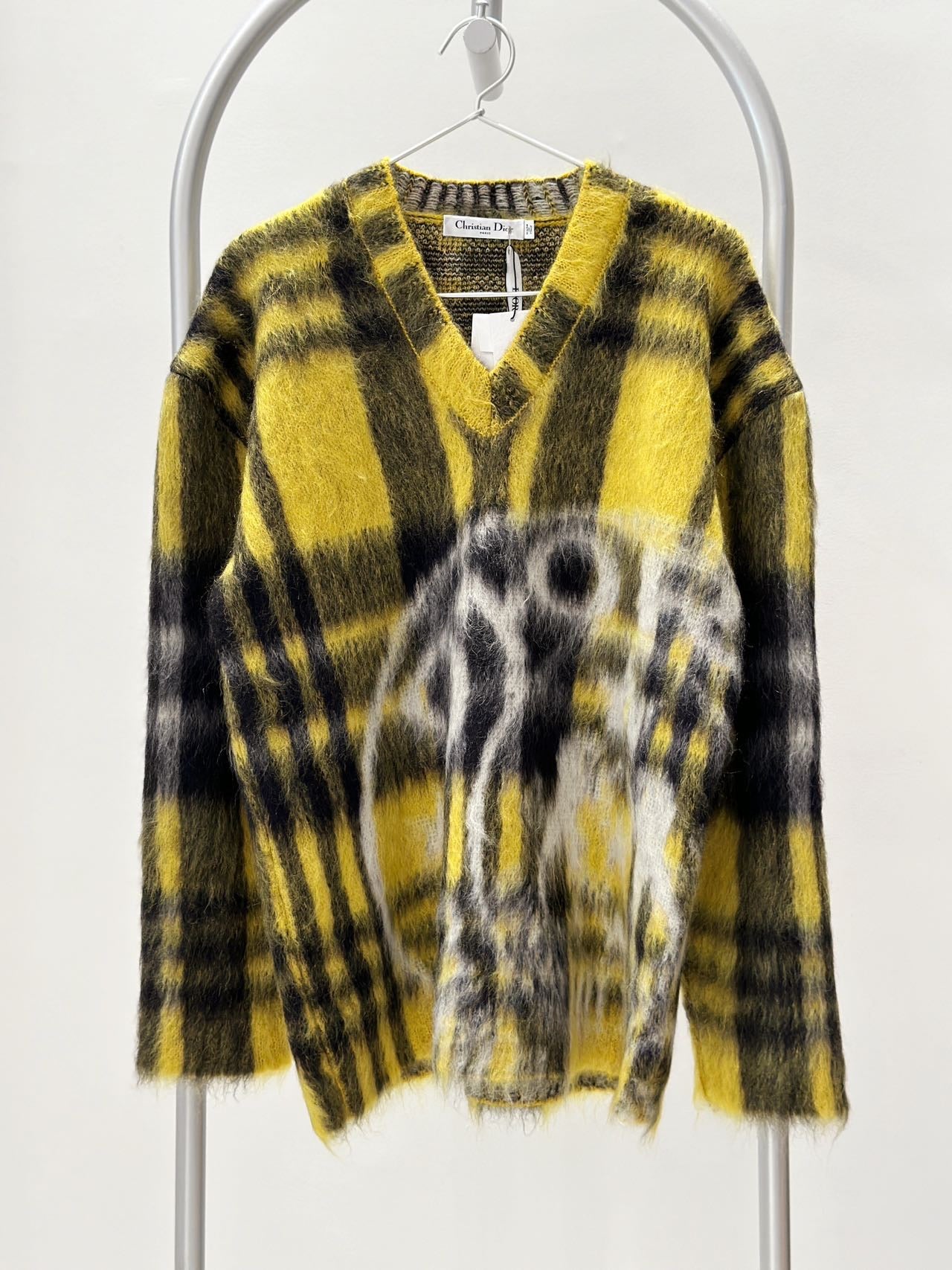 Christian Dior Yellow Plaid Mohair Cardigan Sweater