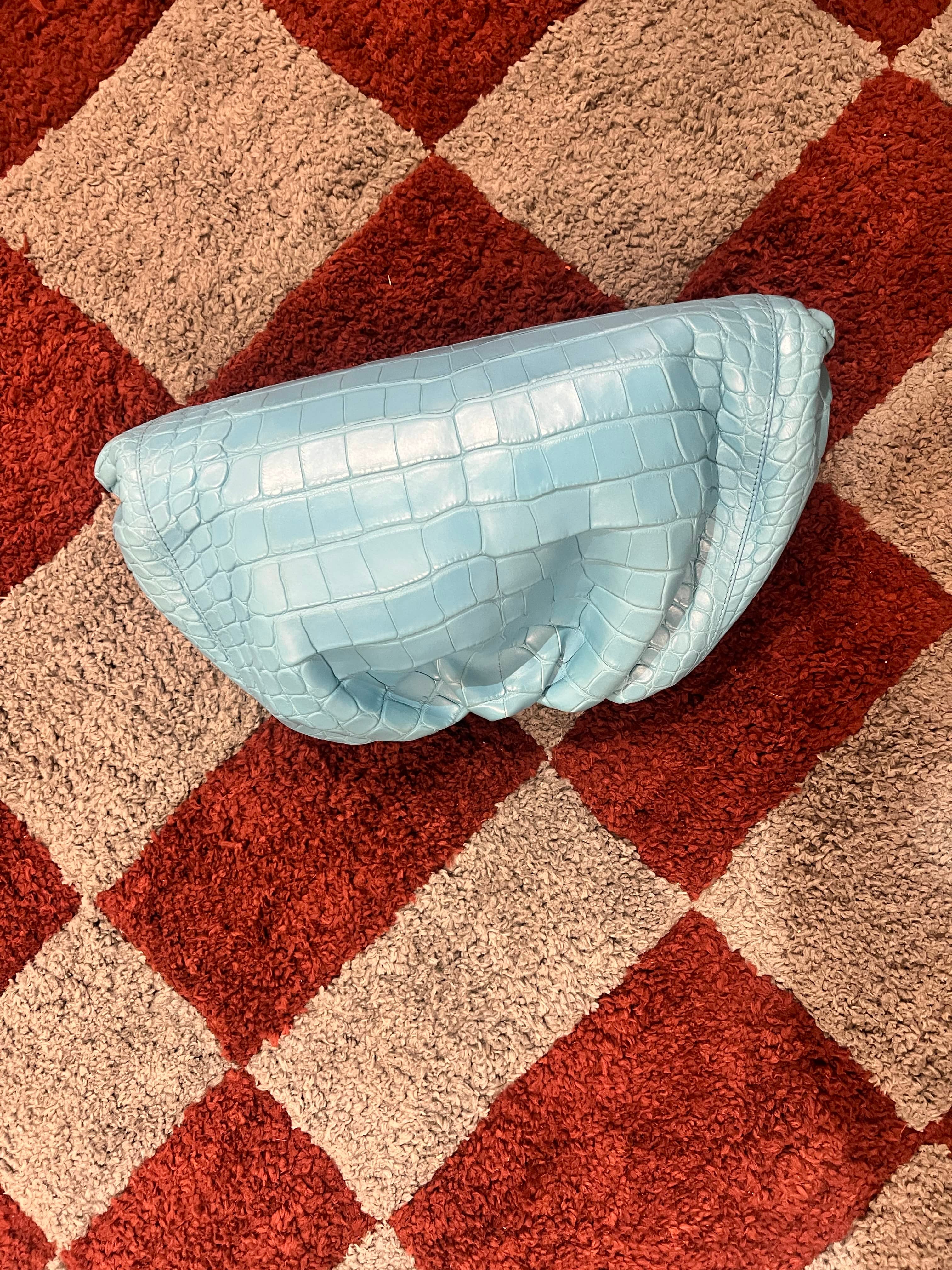 Bottega Bottega Veneta Blue cerulean crocodilian skin vivid turquoise croco maxi clutch AKC1523