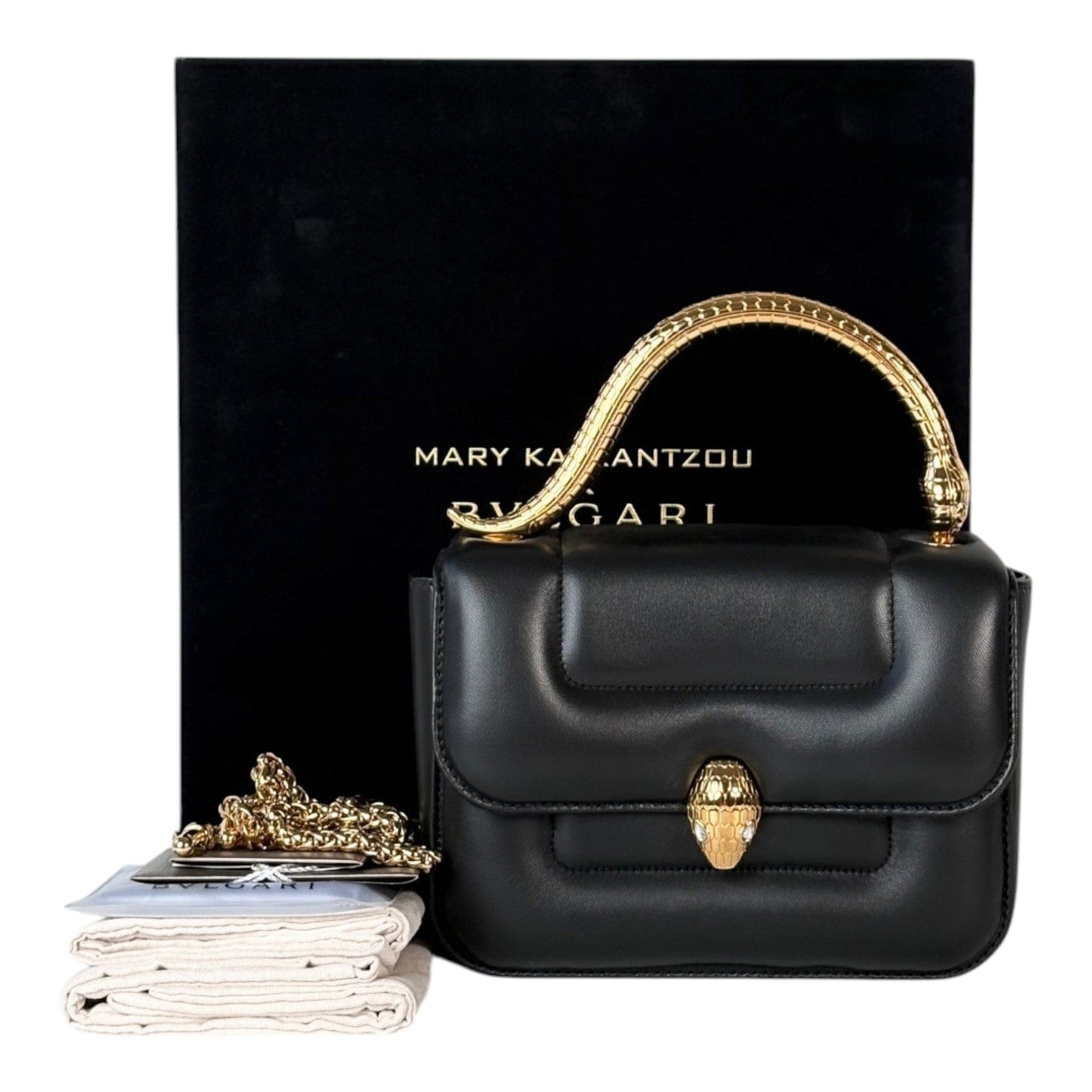Bulgari Bvlgari X Mary Katrantzou Black Serpenti Bag with Top Handle in Nappa Lambskin with Gold Hardware