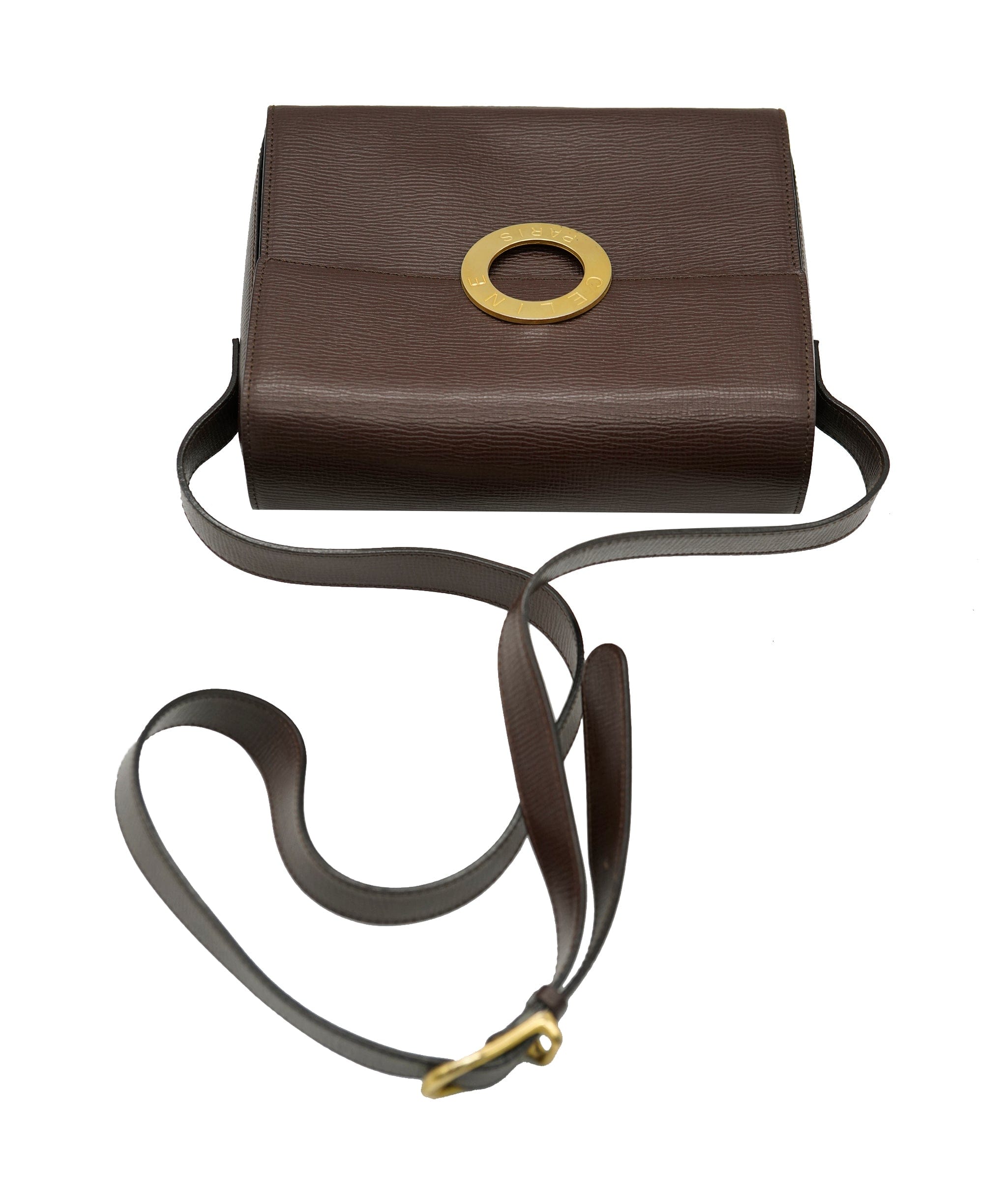 Celine Brown Vintage Celine Box Bag with Logo Gold Ring & Grained Leather DXBK0327