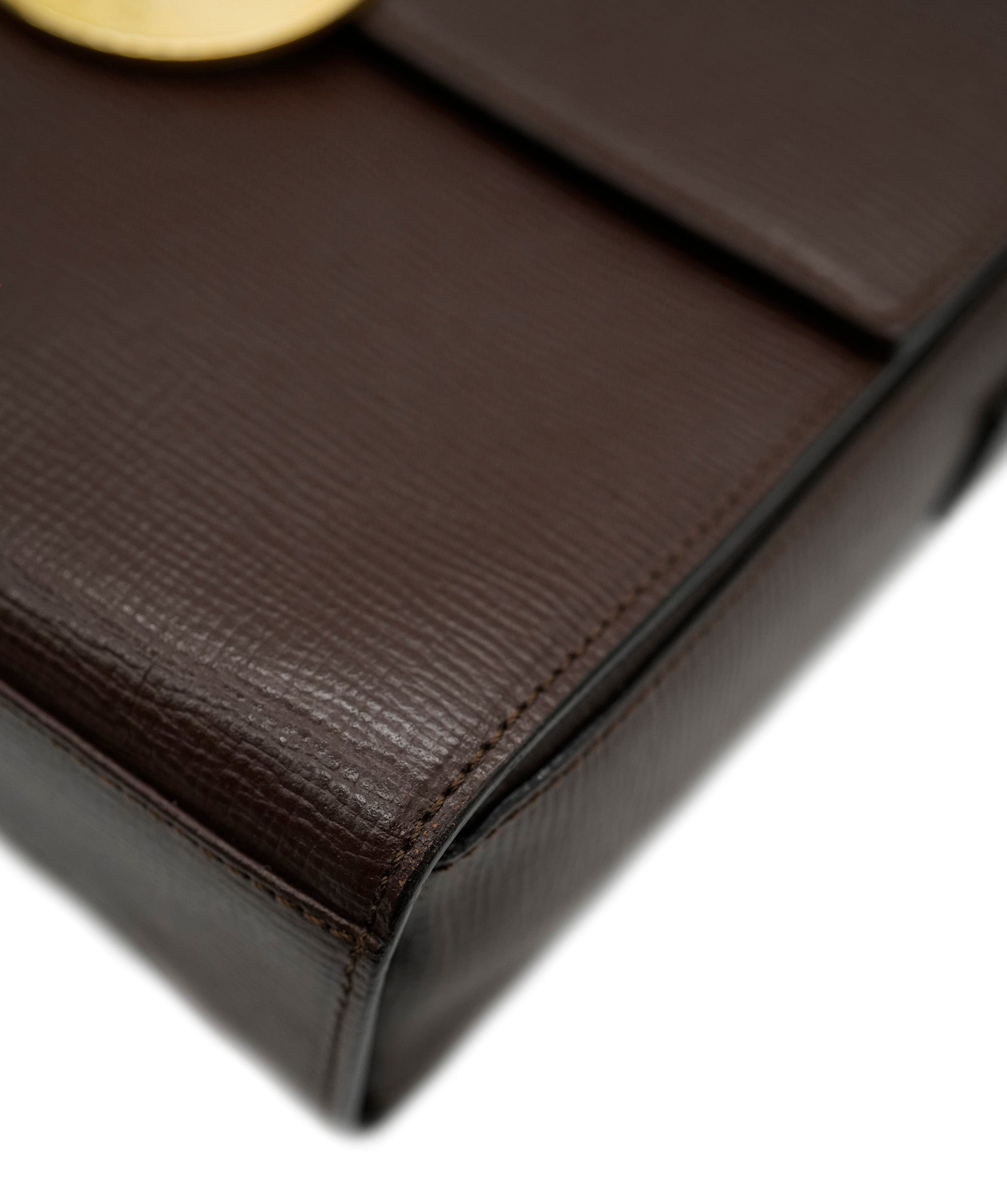 Celine Brown Vintage Celine Box Bag with Logo Gold Ring & Grained Leather DXBK0327