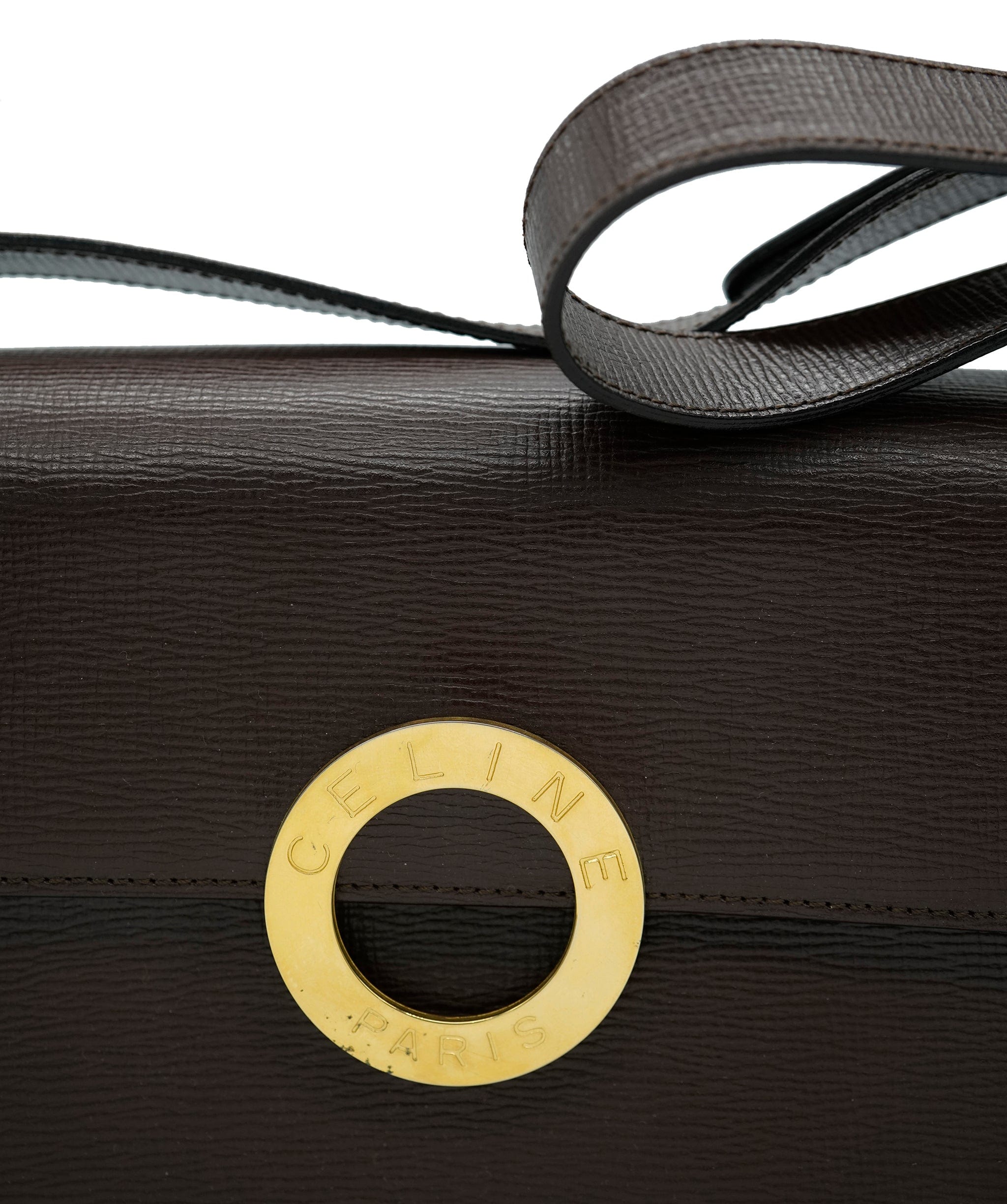 Celine Brown Vintage Celine Box Bag with Logo Gold Ring & Grained Leather DXBK0327