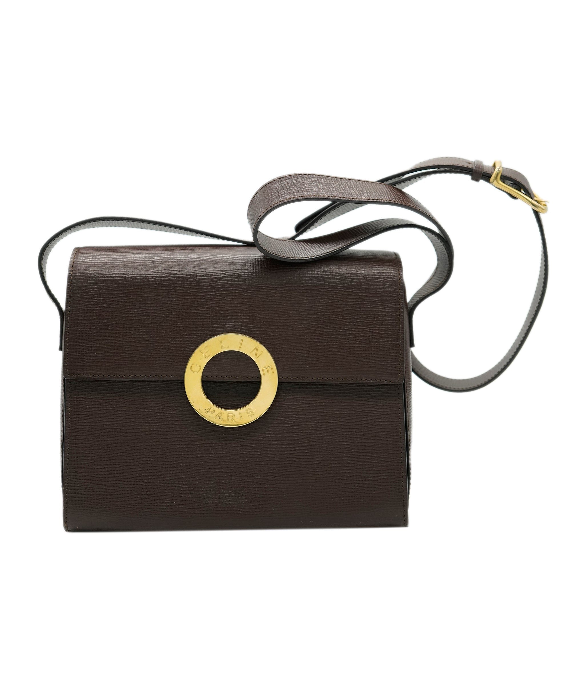 Celine Brown Vintage Celine Box Bag with Logo Gold Ring & Grained Leather DXBK0327