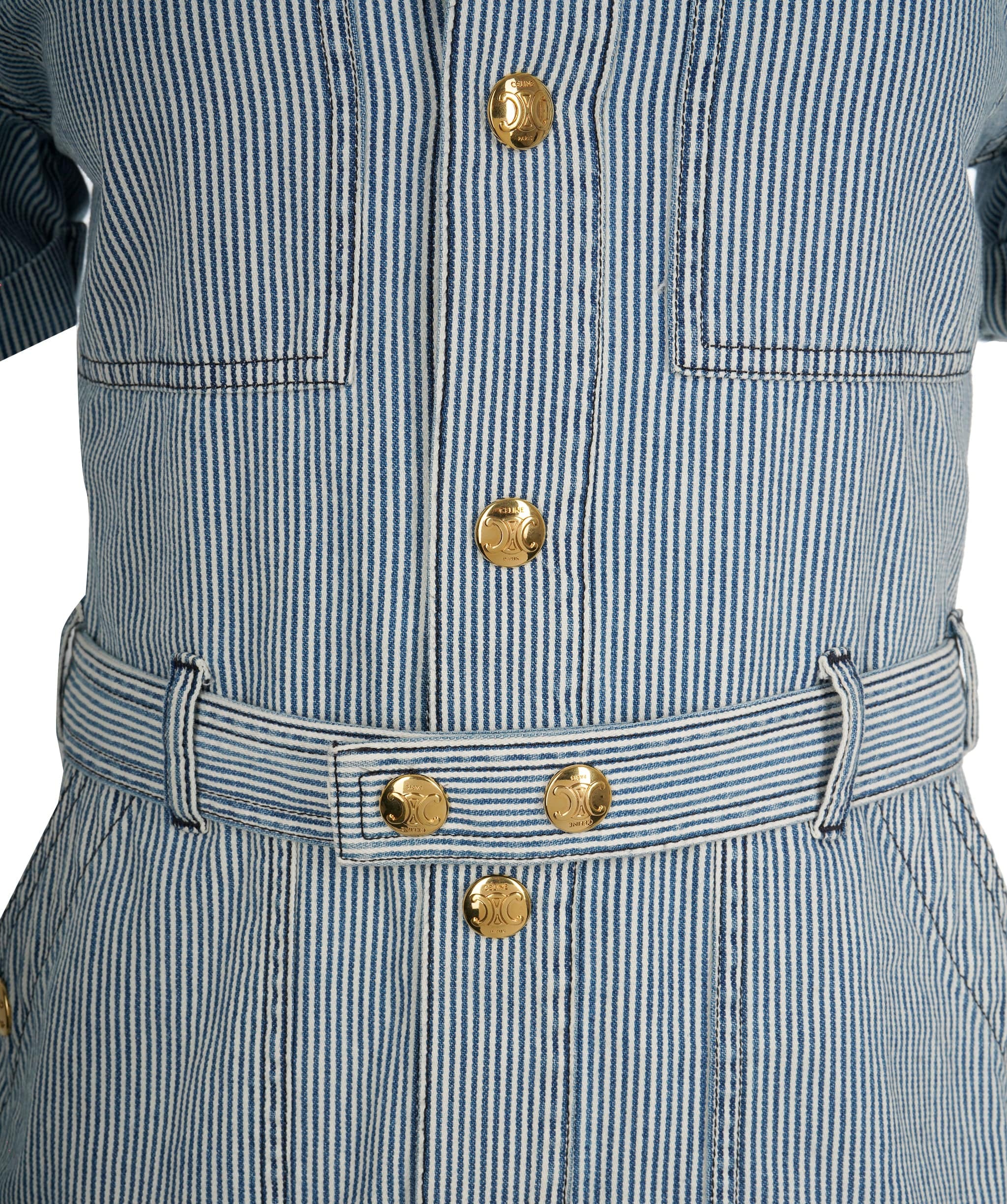 Celine Celine Blue & White Striped Triomphe Button Utility Short Dress ALC2173