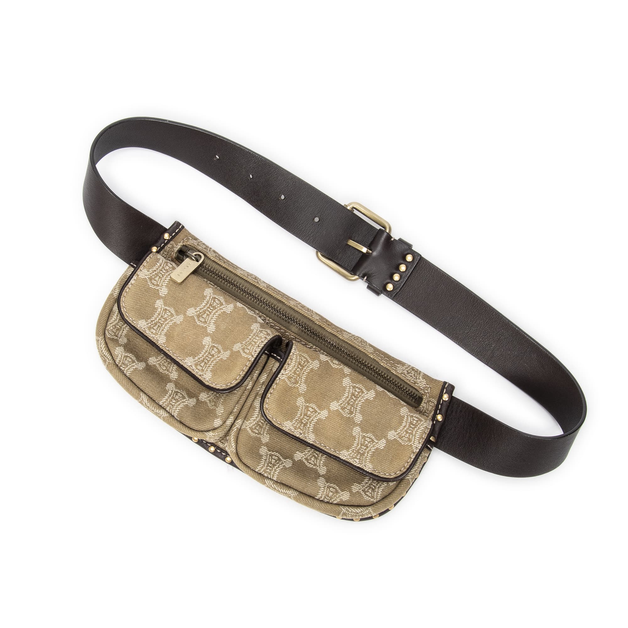 Celine Celine Beige/Brown Canvas Double Pocket Waist Pouch ABB9032