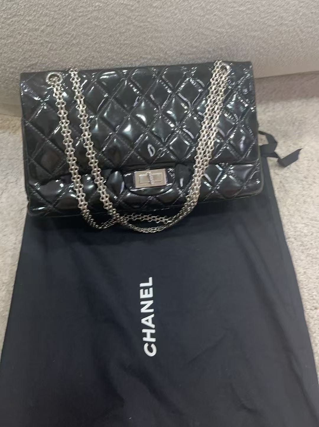 Chanel Chanel 2.55 patent leather black silver bag 31.5*19 ALC3680