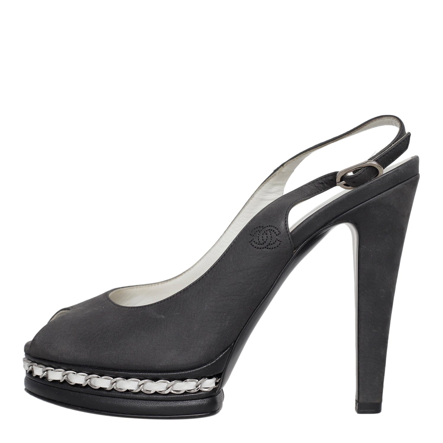 Chanel Chanel CC Leather Chain Peep-Toe Slingback Pumps