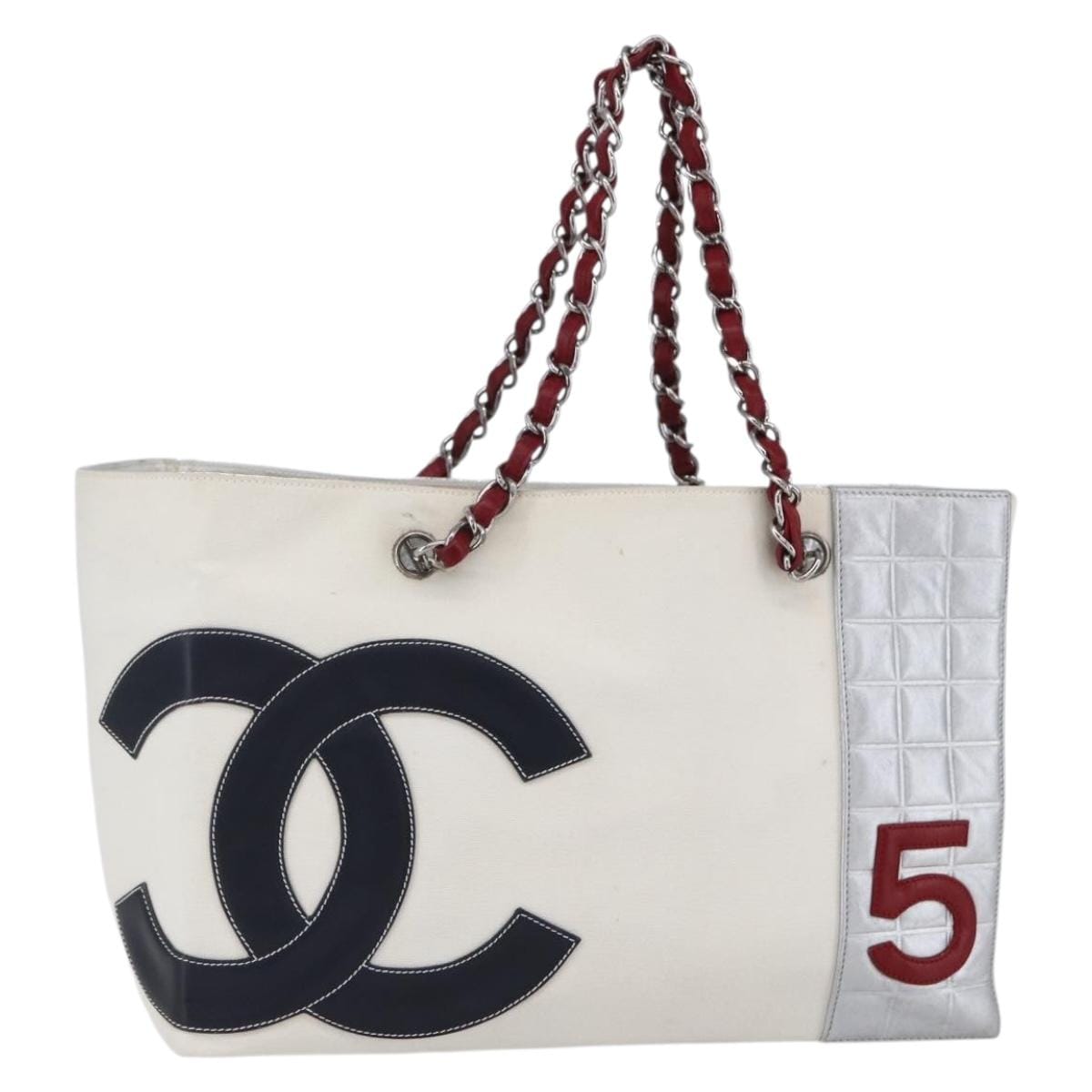 CHANEL CHANEL Choco Bar Chain Shoulder Bag No5 Canvas Ivory Silver CC Auth 149068