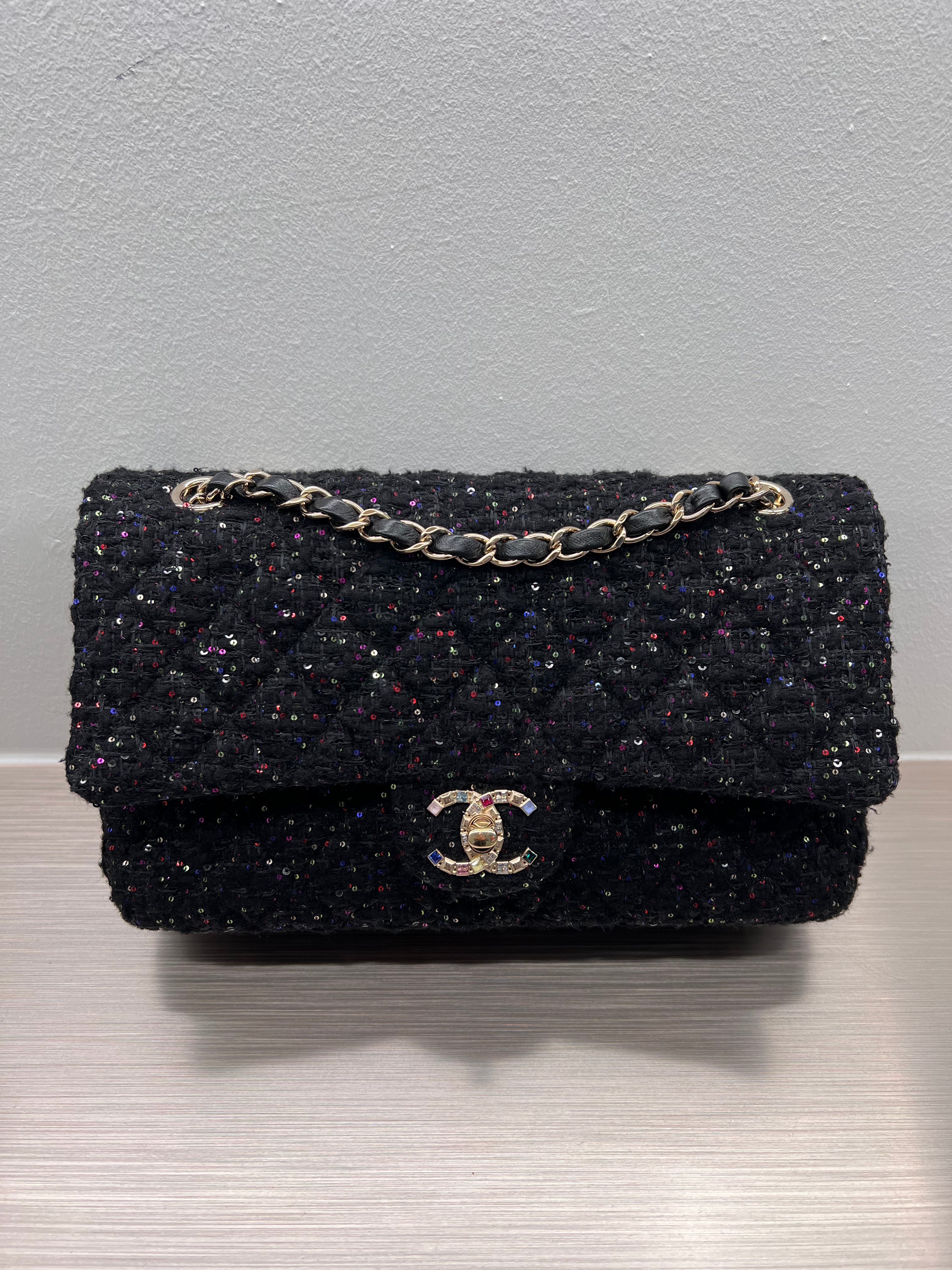 Chanel Chanel Classic Double Flap Medium Black Tweed / Sequin Jewelry CC IC SKC8211H