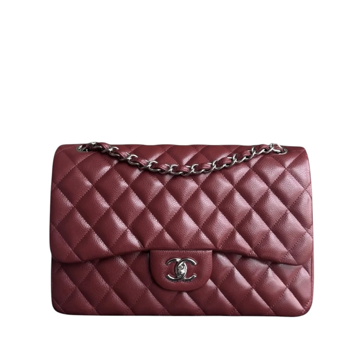 Chanel CHANEL CLASSIC FLAP JUMBO - CAVIAR 30CM DOUBLE FLAP QUILTED BURGUNDY SILVER HARDWARE SYCM662