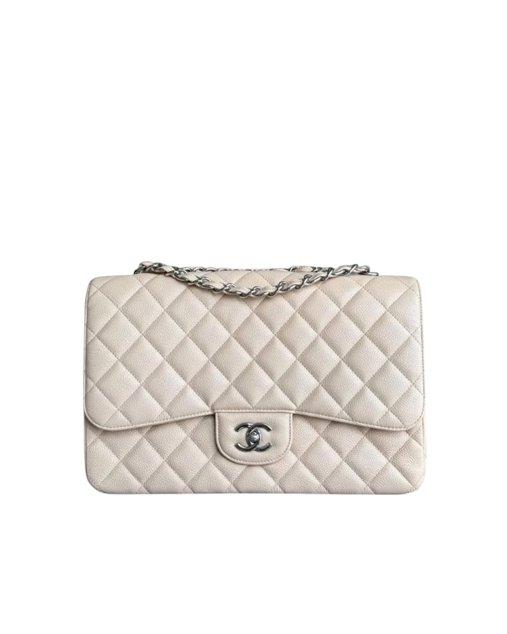 Chanel CHANEL CLASSIC FLAP JUMBO - CAVIAR 30CM SINGLE FLAP QUILTED BEIGE SILVER HARDWARE SERIES 13 SYCM634