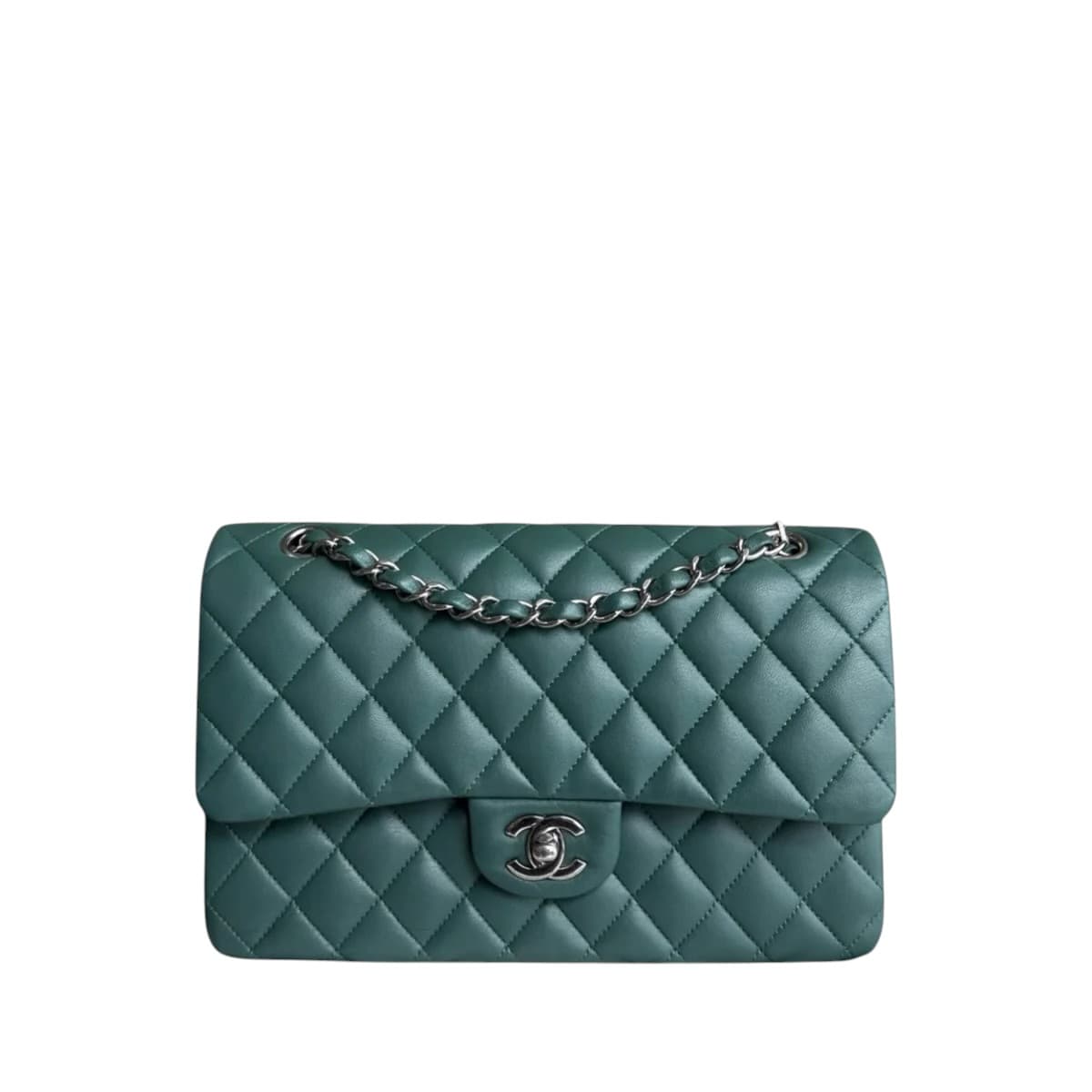 Chanel CHANEL CLASSIC FLAP MEDIUM - 25CM QUILTED LAMBSKIN OLIVE GREEN BLUE SILVER HARDWARE SERIES 26 SYCM660