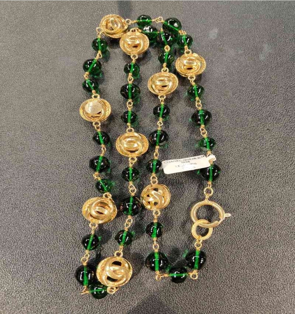 Chanel CHANEL Green Glass Gold Ball Necklace LE507006