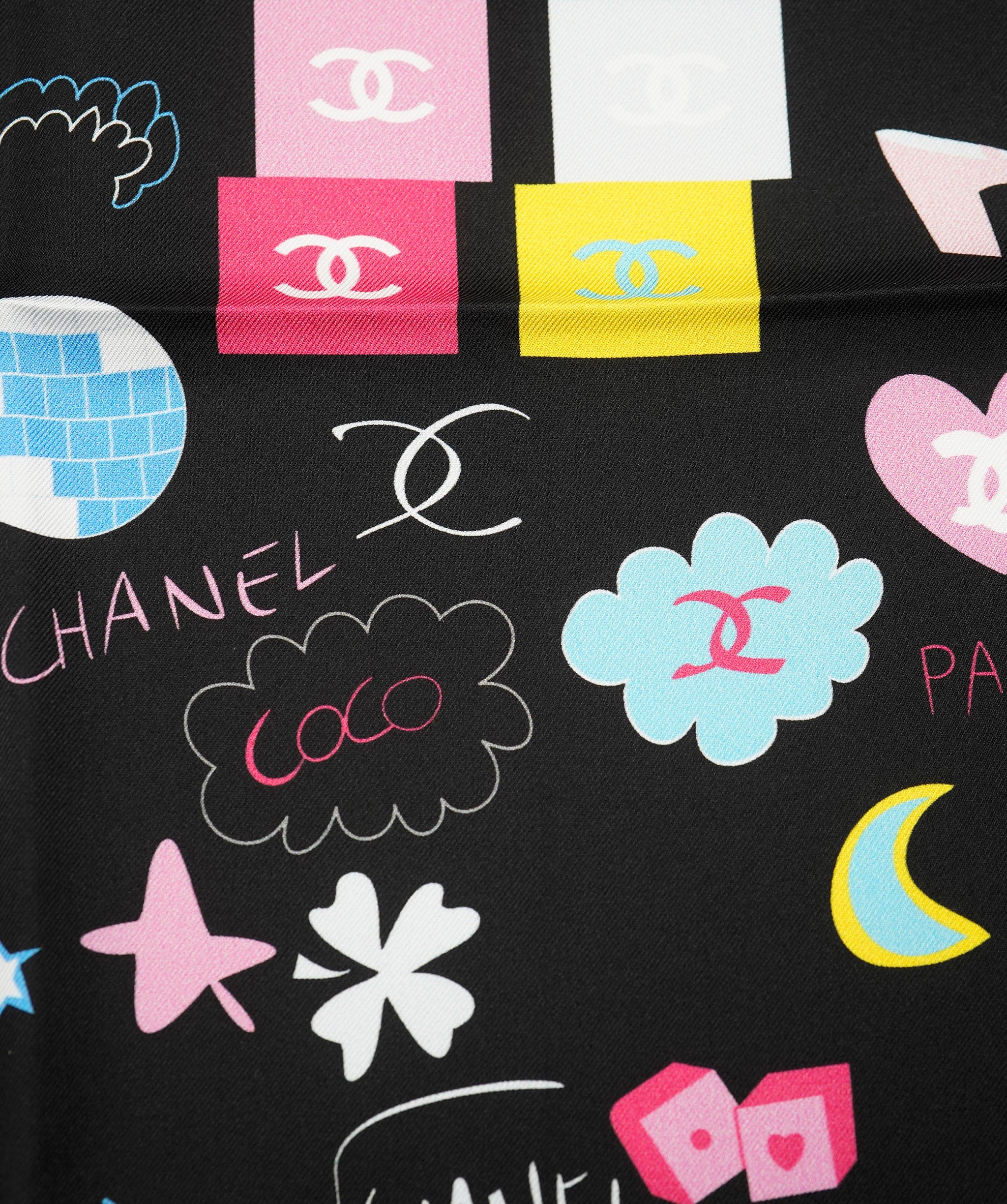 Chanel Chanel silk scarf, black multicolors with blue contours, excellent condition AKL0117