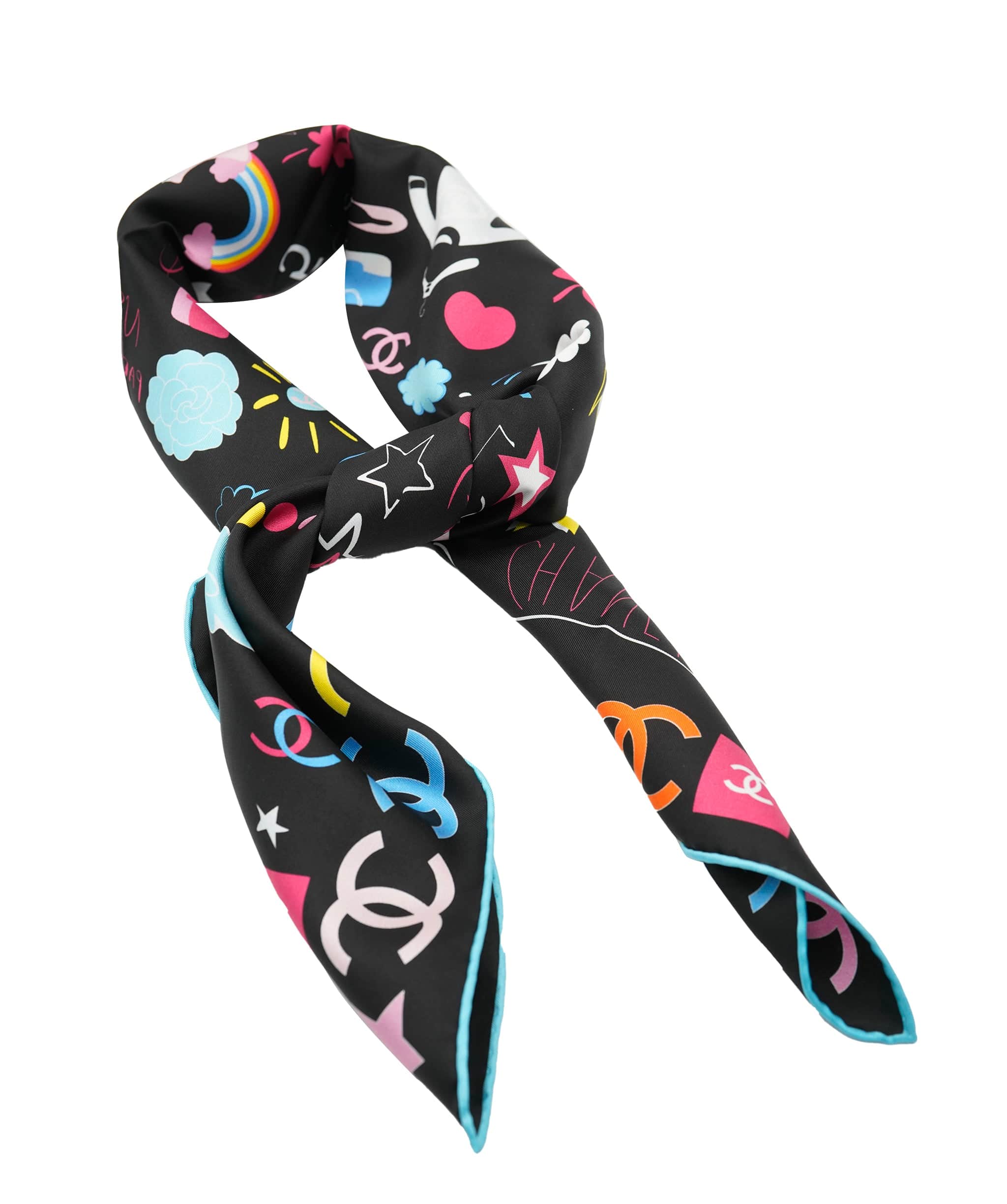 Chanel Chanel silk scarf, black multicolors with blue contours, excellent condition AKL0117