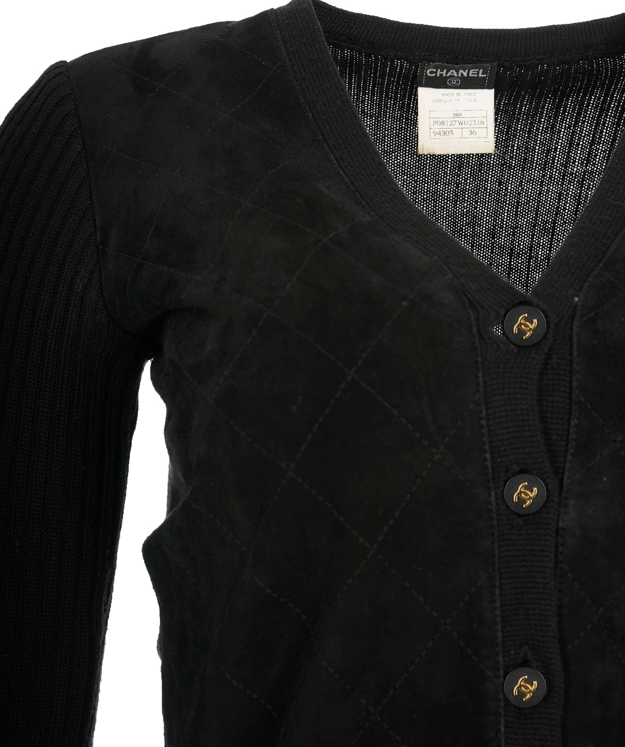 Chanel Chanel Vintage 96A Black Quilted Suede Knit CC Cardigan DBXS2421