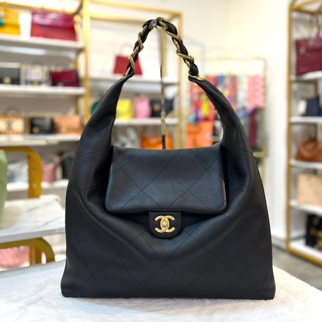 CHANEL CHANEL BLACK SHINY CALFSKIN LEATHER MAXI HOBO BAG IN GHW SYCHB1415
