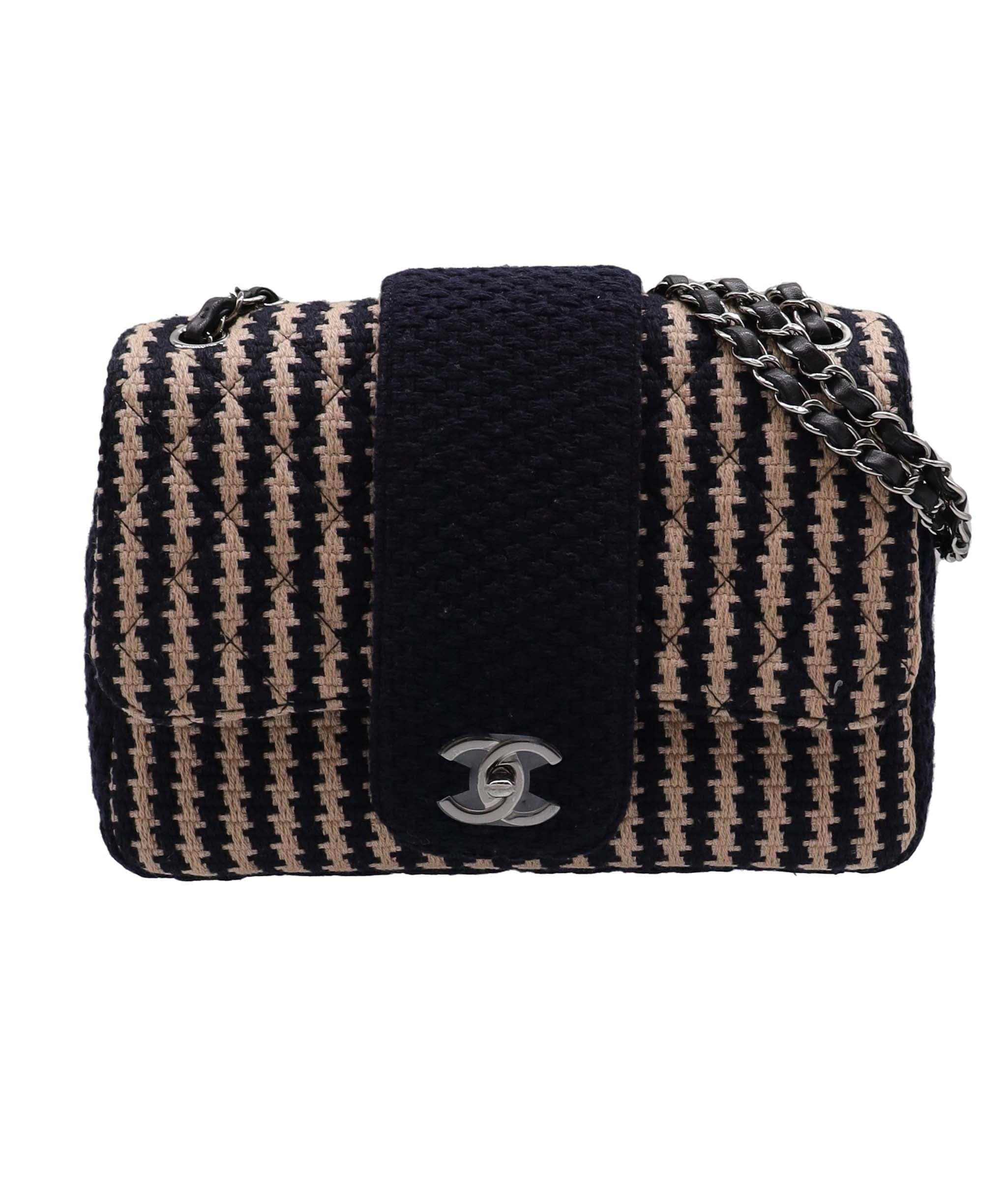 Chanel CHANEL Coco Logos Wool Chain Shoulder Beige/Navy DXBS3469