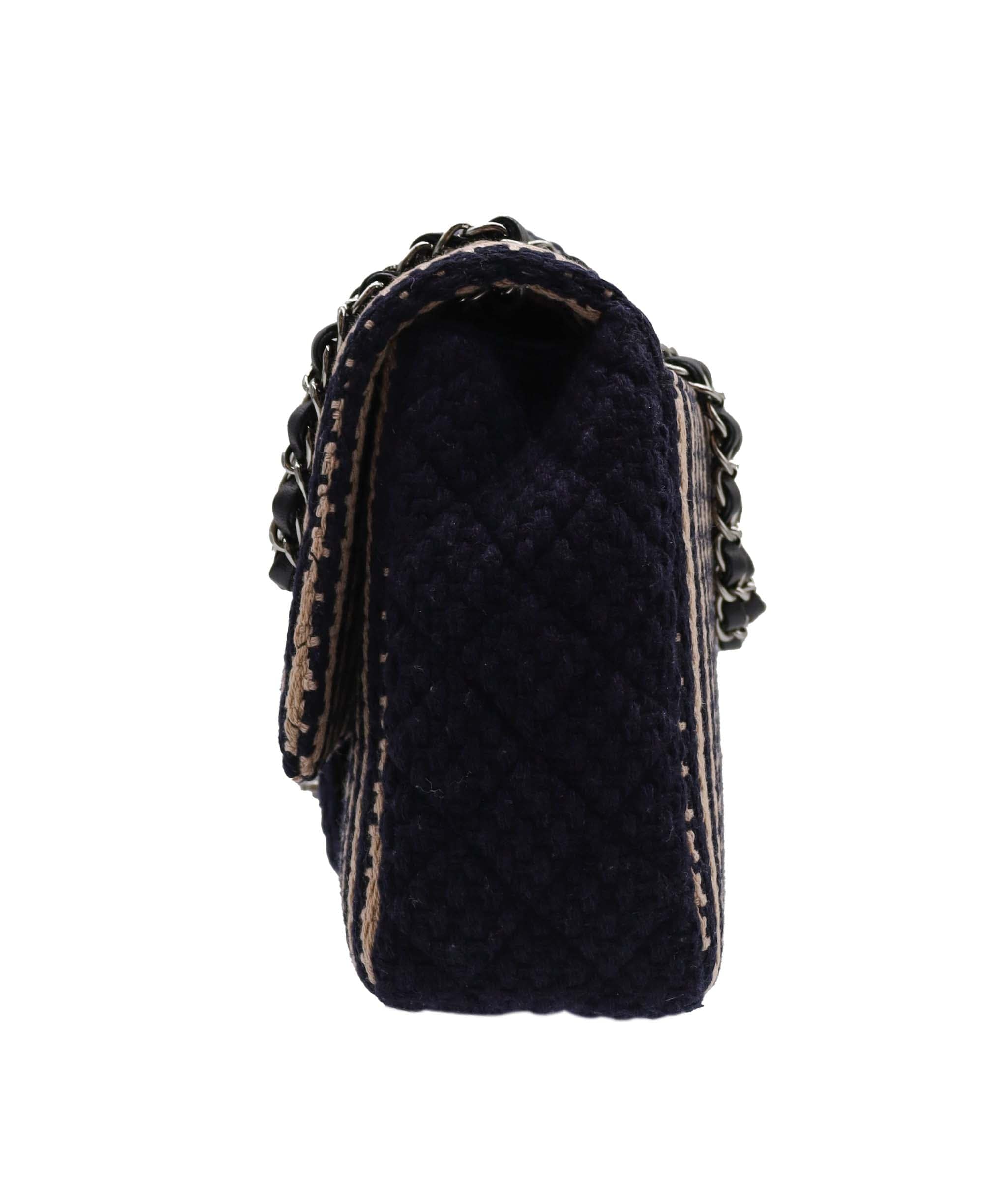 Chanel CHANEL Coco Logos Wool Chain Shoulder Beige/Navy DXBS3469