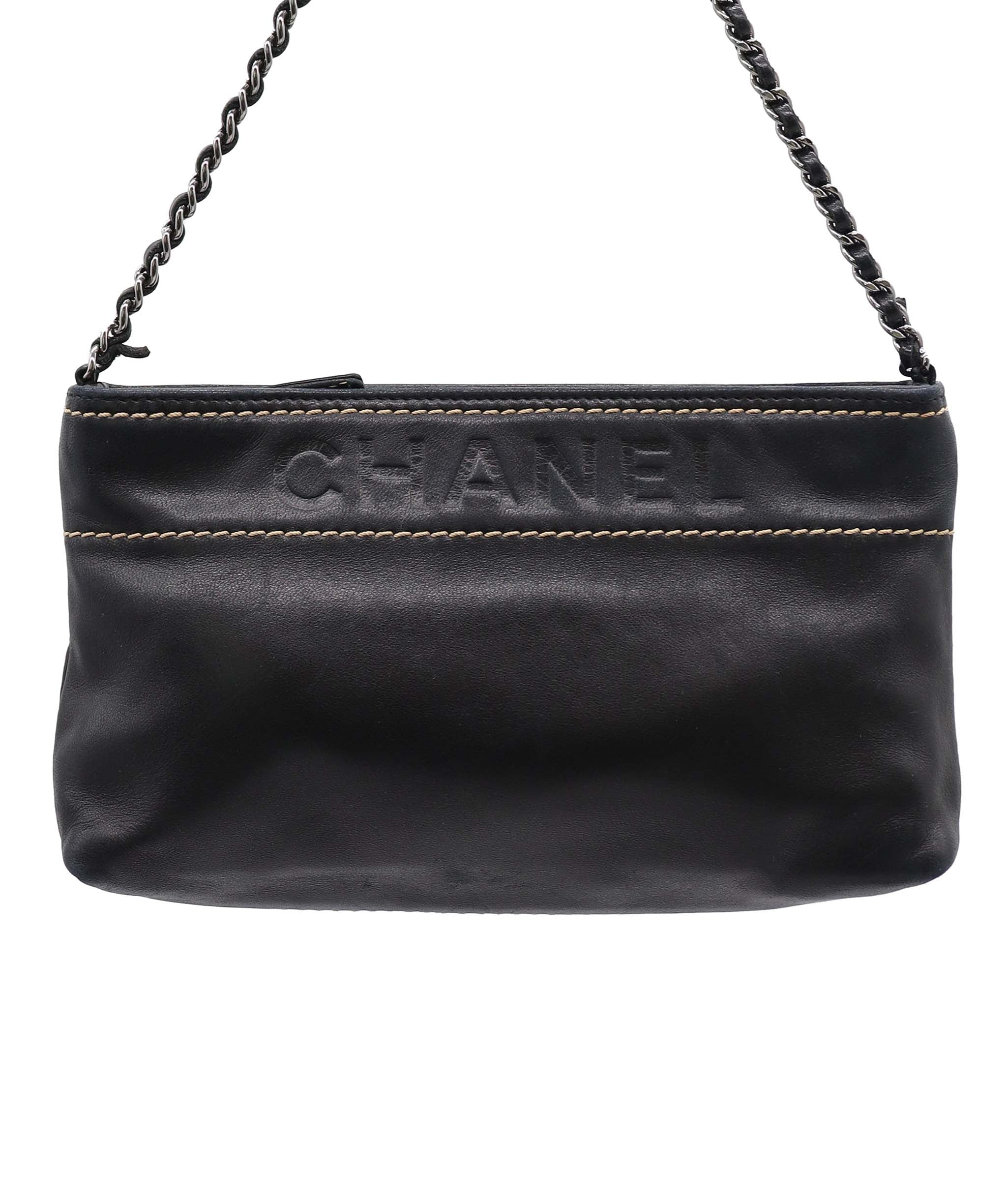 Chanel Chanel Logo Chain Pochette Leather Black DXBS3805