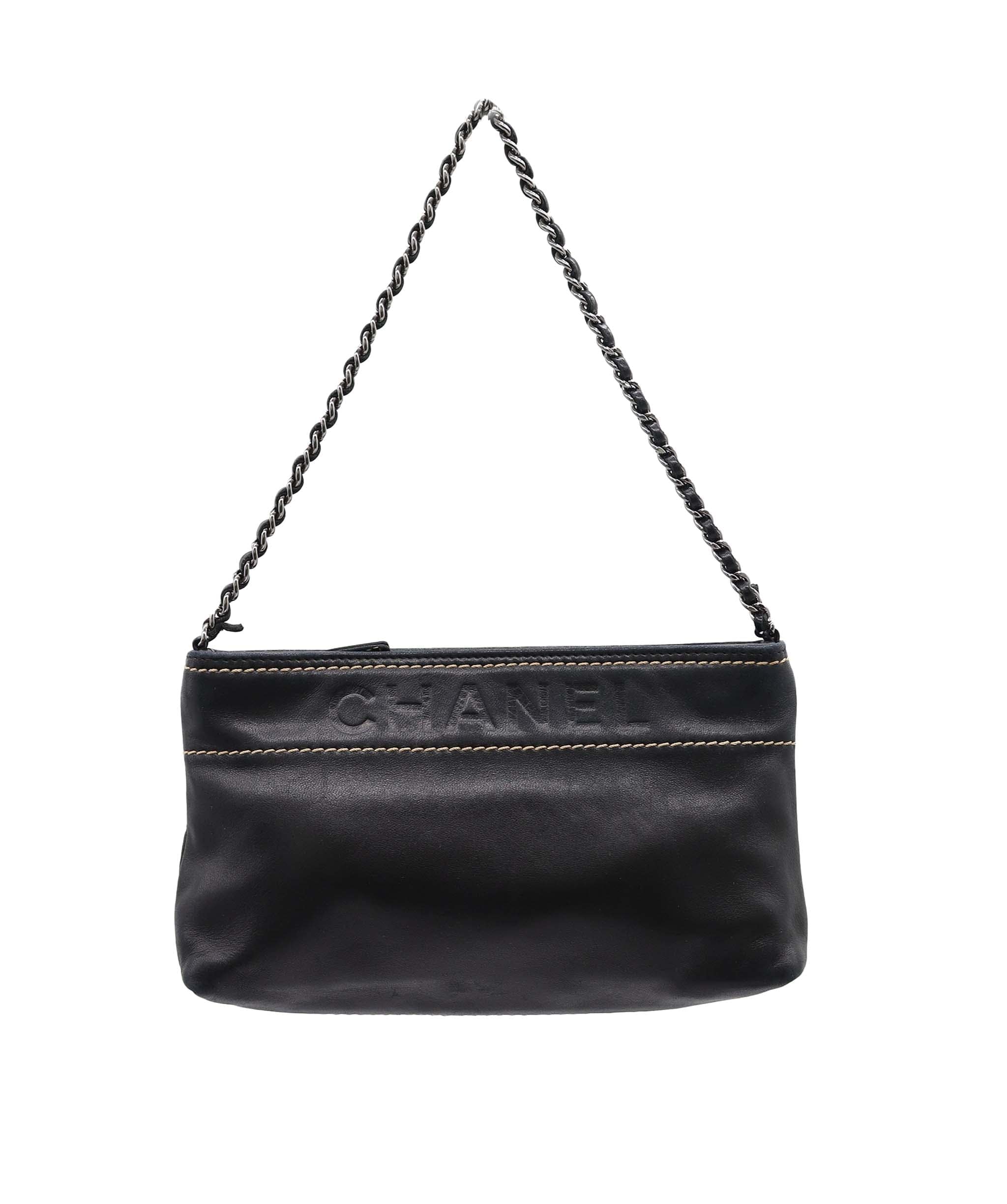 Chanel Chanel Logo Chain Pochette Leather Black DXBS3805