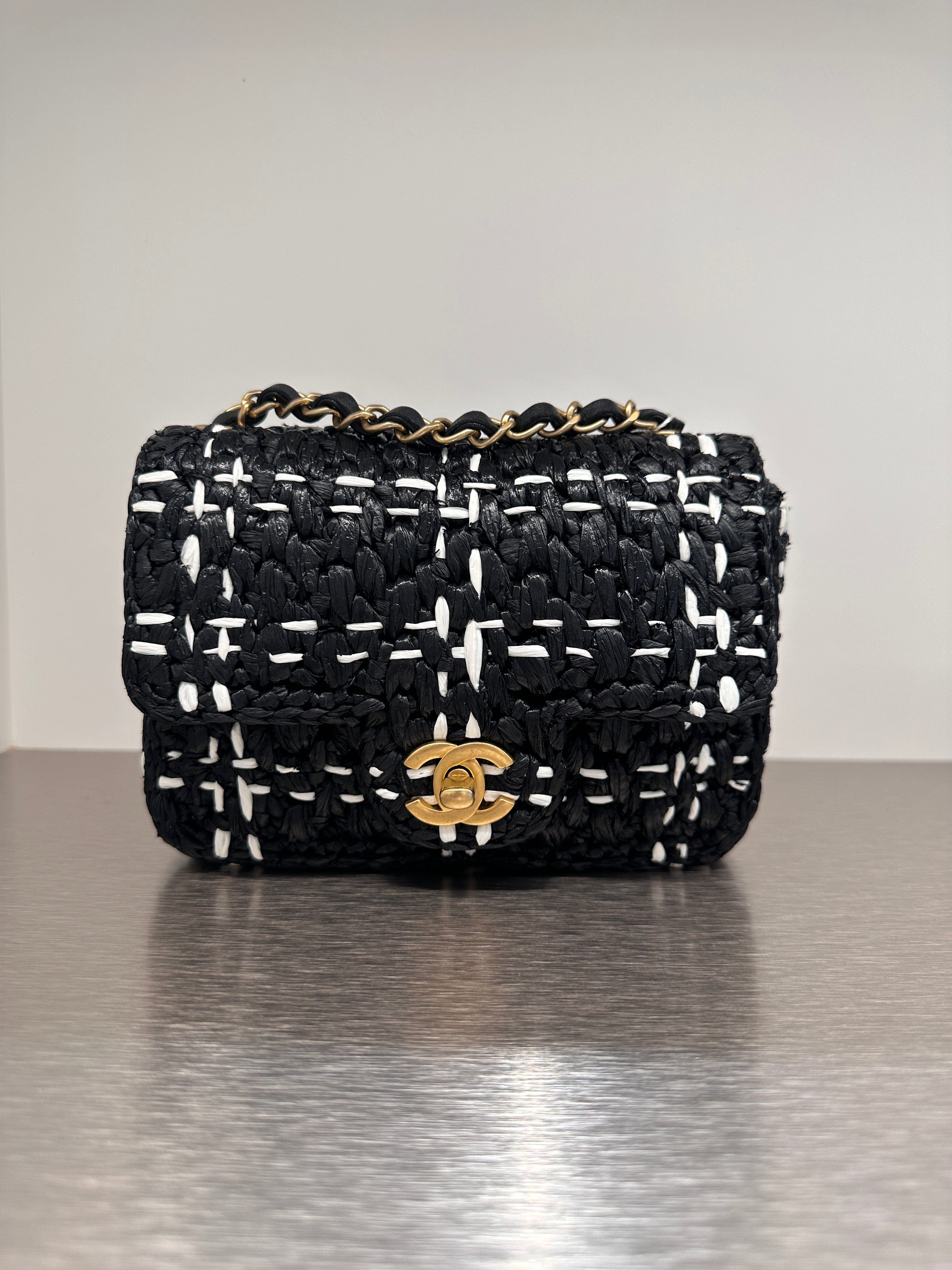 Chanel Chanel Mini Square Raffia Black / White Matte GHW (MC) A14P55GE - Preloved SKC8013H