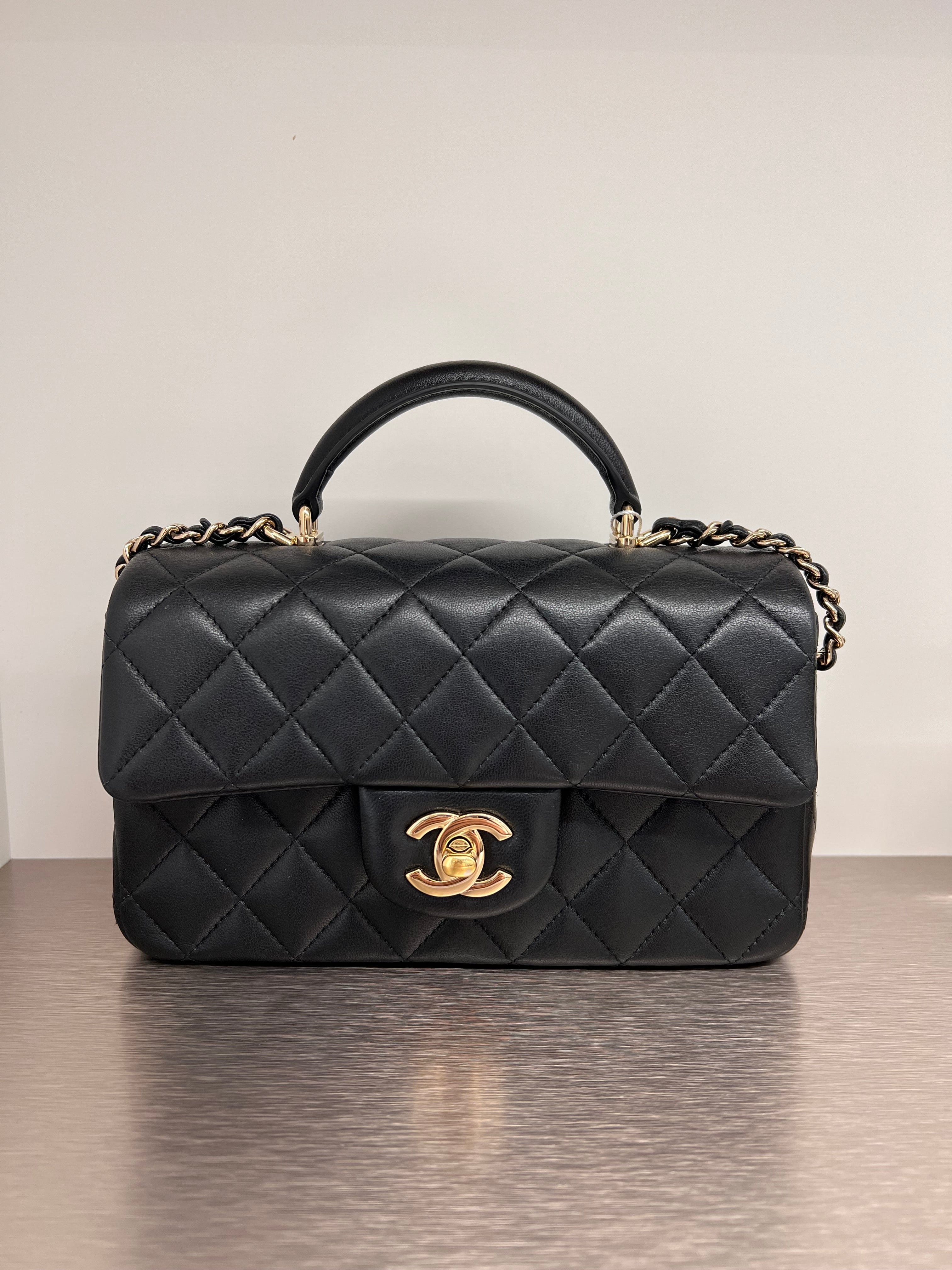 Chanel Chanel Top Handle Mini Rectangle Black Lambskin LGHW - Preloved SKCX4044