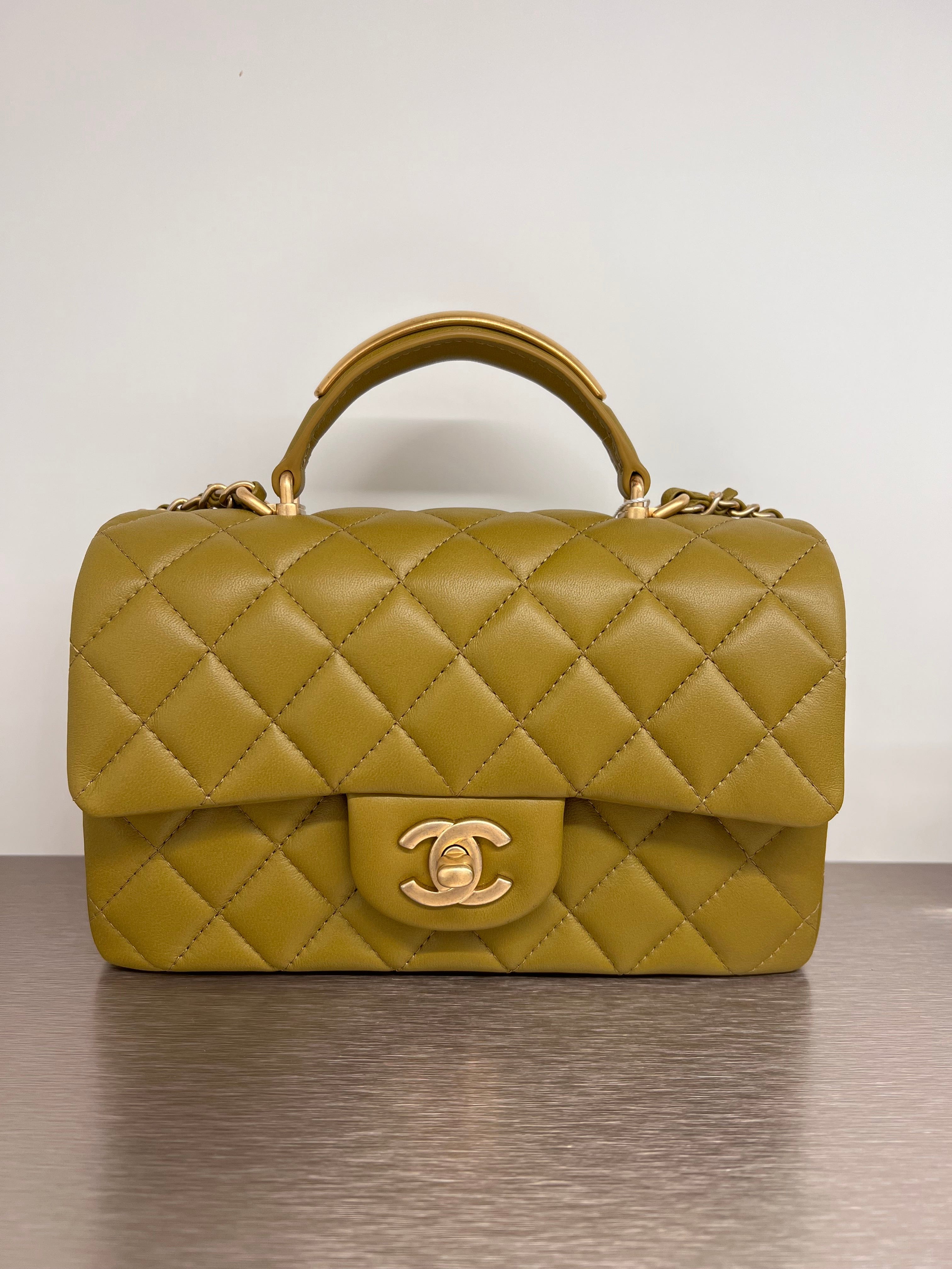Chanel Chanel Top Handle Mini Rectangle Gold Cap Olive Lambskin GHW (MC) SKCH4002