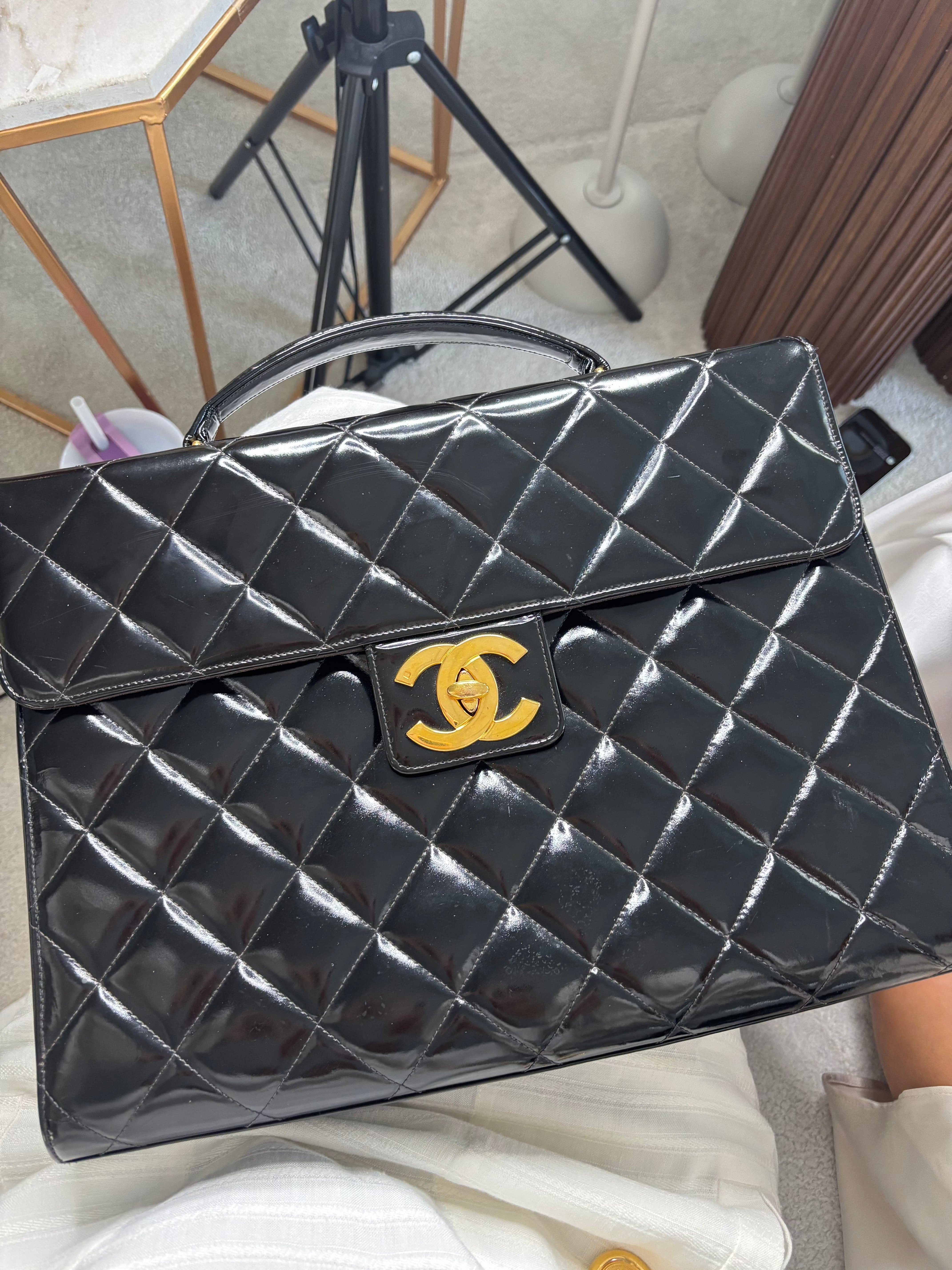 Chanel Chanel Vintage Black Patent Leather CC Turnlock Briefcase ALL0929