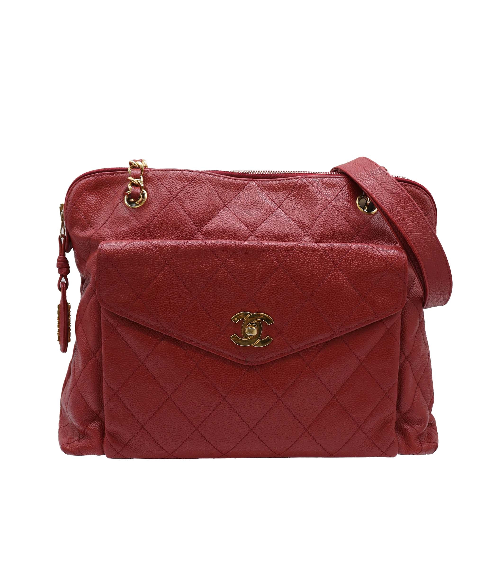 Chanel Chanel Vintage Envelope Turnlock Zip Tote Red Caviar GHW #4 SKC1995