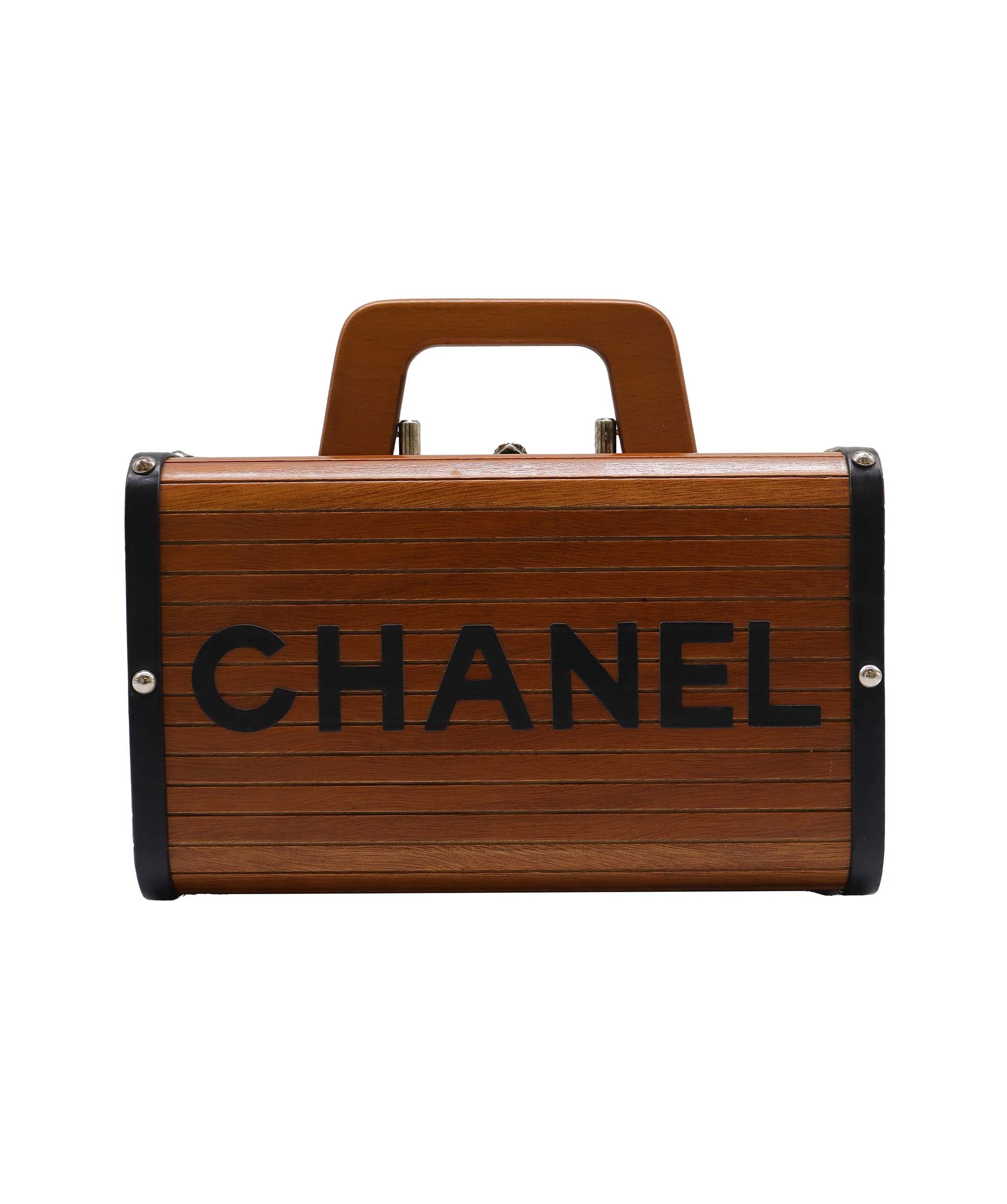 Chanel CHANEL VINTAGE WOOD VANITY HAND BAG WOOD LEATHER BROWN 90241772 DXBS2292