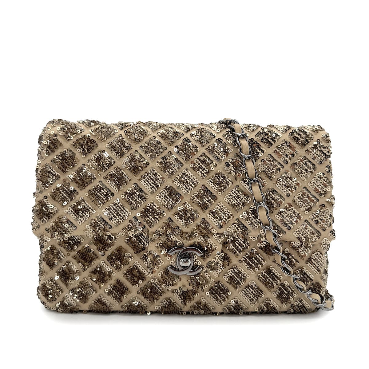 Chanel CHANEL CHAIN SHOULDER BAG BEIGE GOLD SEQUINS LAMB SKIN 90268815