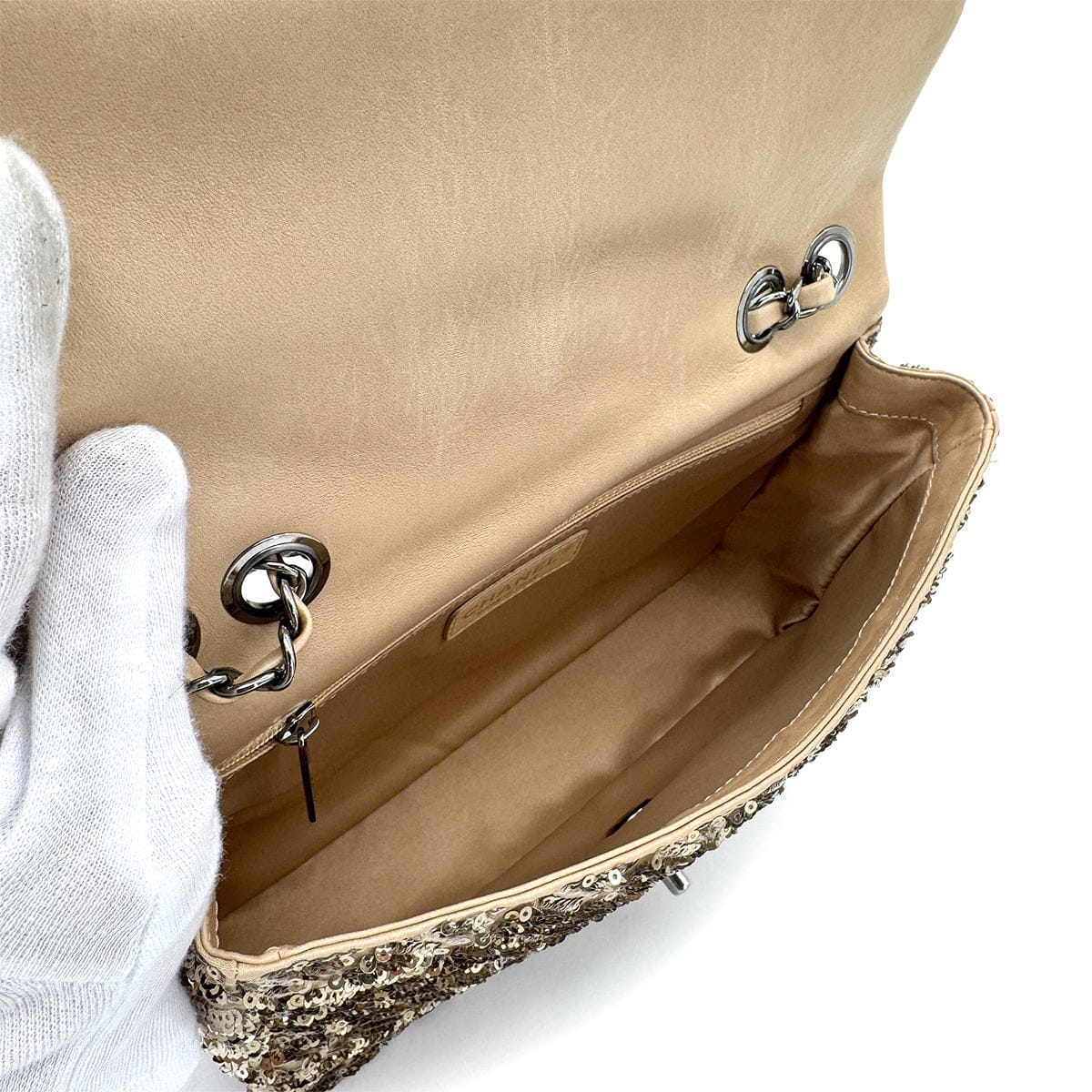 Chanel CHANEL CHAIN SHOULDER BAG BEIGE GOLD SEQUINS LAMB SKIN 90268815