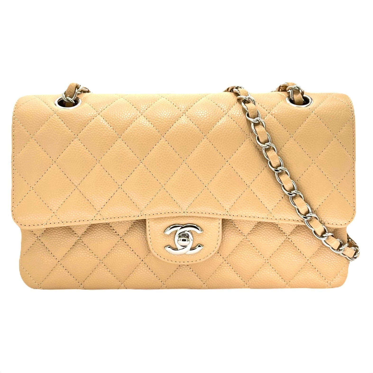 Chanel CHANEL CLASSIC FLAP MEDIUM CHAIN SHOULDER BAG BEIGE CAVIAR SKIN SHW 90215286