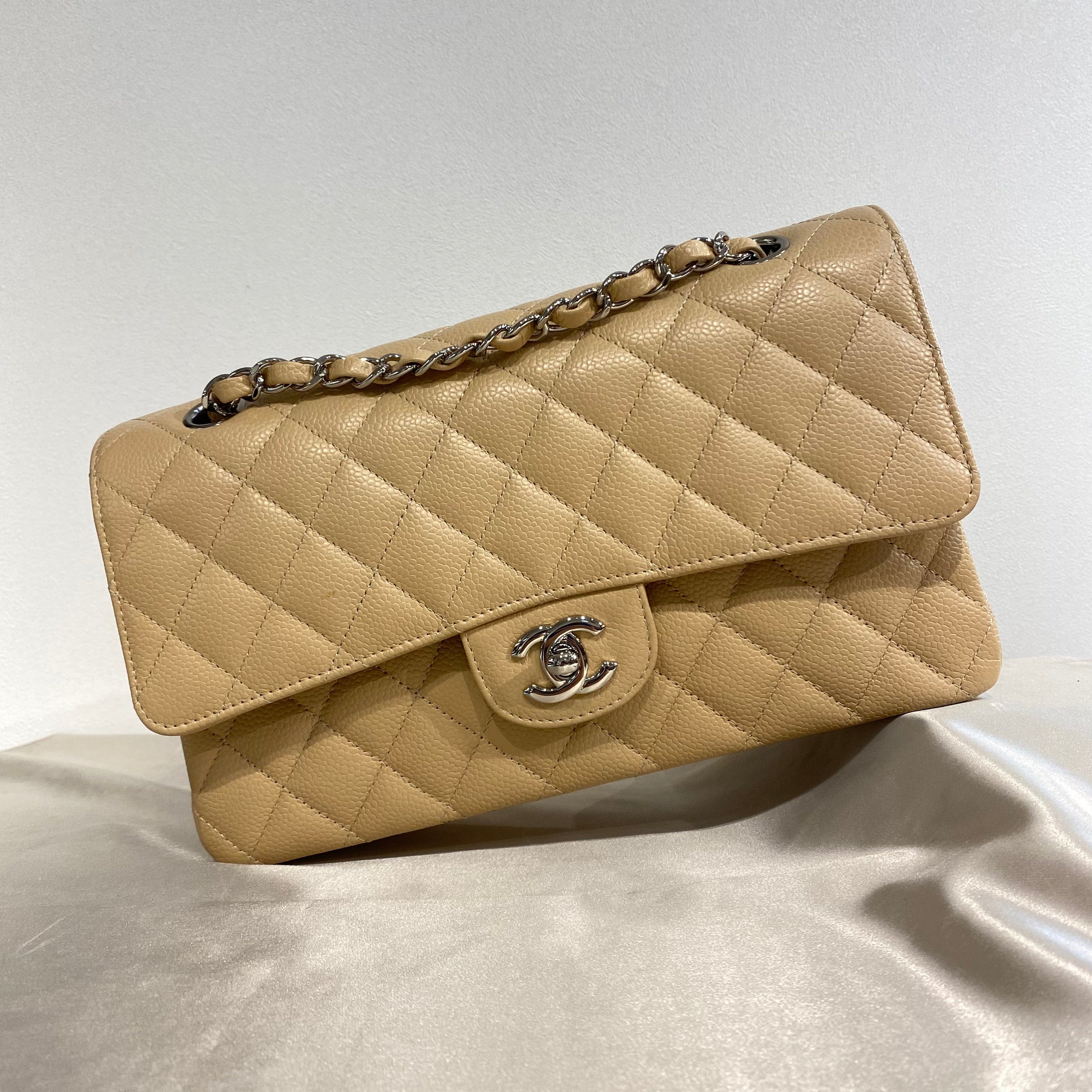 Chanel CHANEL CLASSIC FLAP MEDIUM CHAIN SHOULDER BAG BEIGE CAVIAR SKIN SHW 90215286