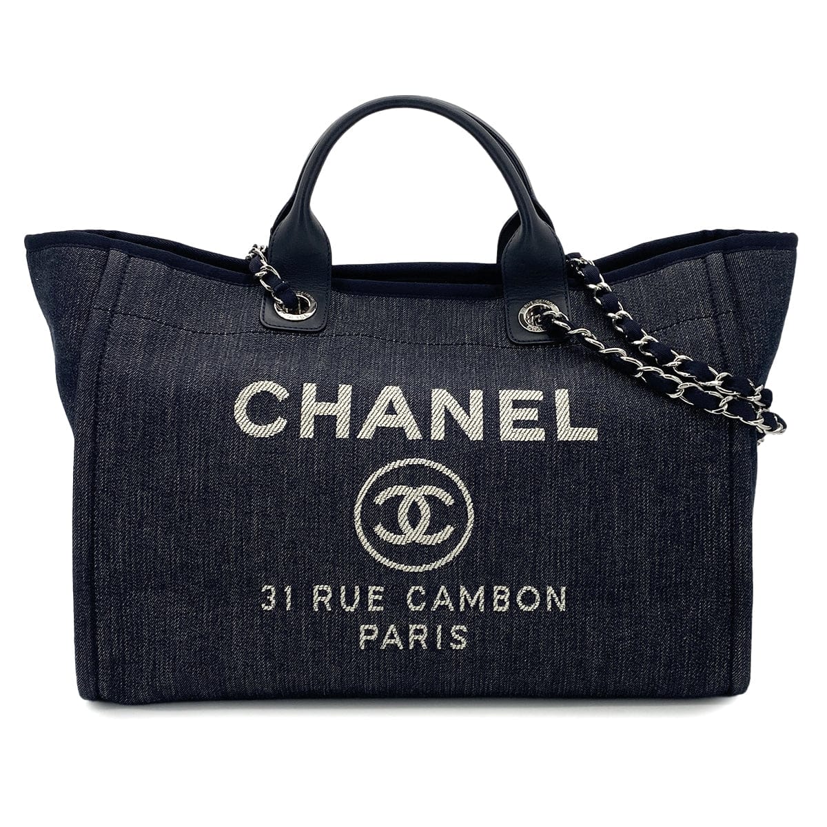 CHANEL CHANEL DEAUVILLE GM CHAIN TOTE BAG NAVY CANVAS LEATHER 90301111