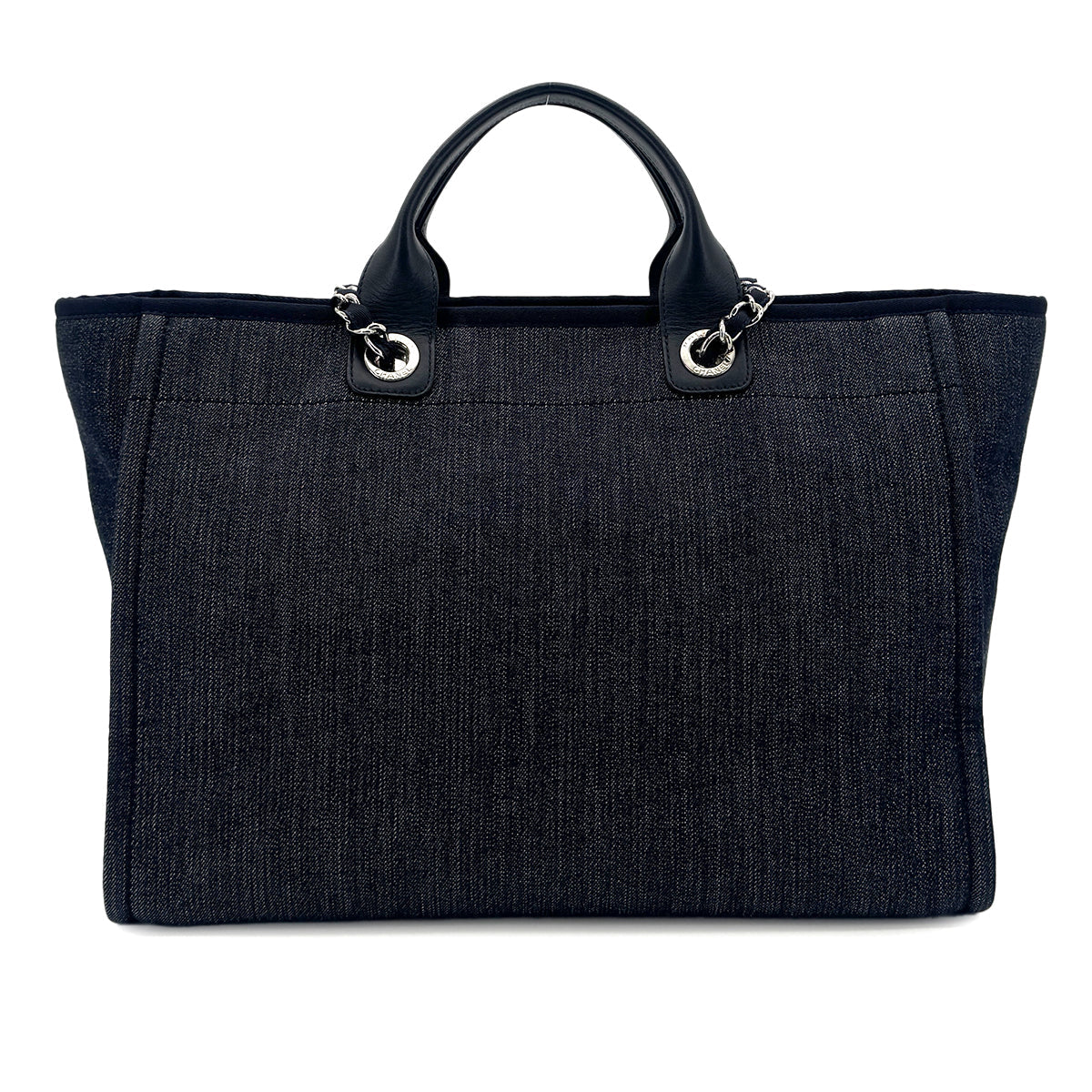 CHANEL CHANEL DEAUVILLE GM CHAIN TOTE BAG NAVY CANVAS LEATHER 90301111