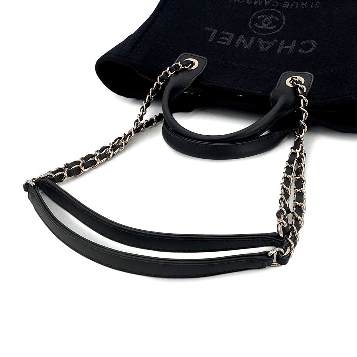 CHANEL CHANEL DEAUVILLE MM CHAIN TOTE BAG BLACK CANVAS LEATHER 90301107