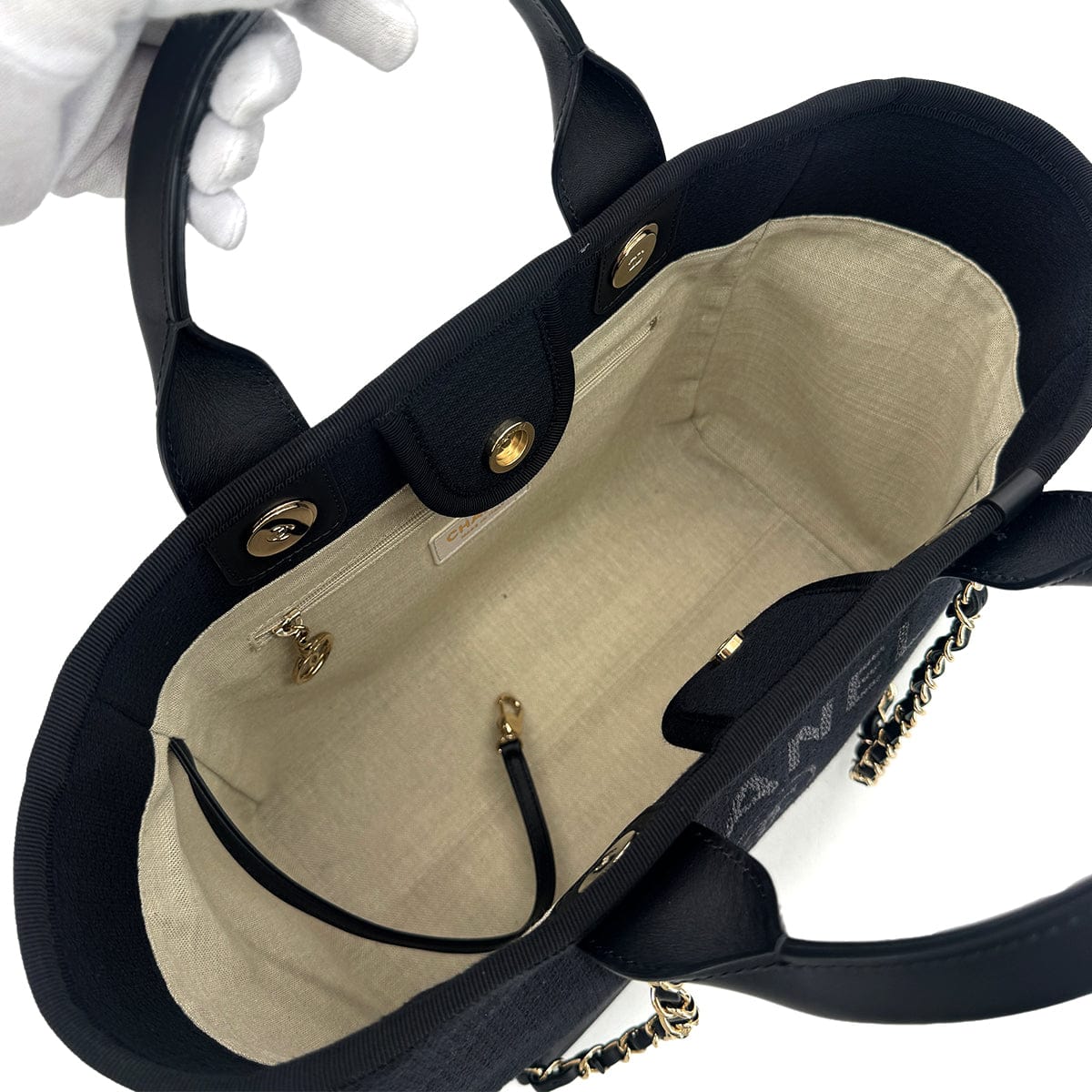 CHANEL CHANEL DEAUVILLE MM CHAIN TOTE BAG BLACK CANVAS LEATHER 90301107