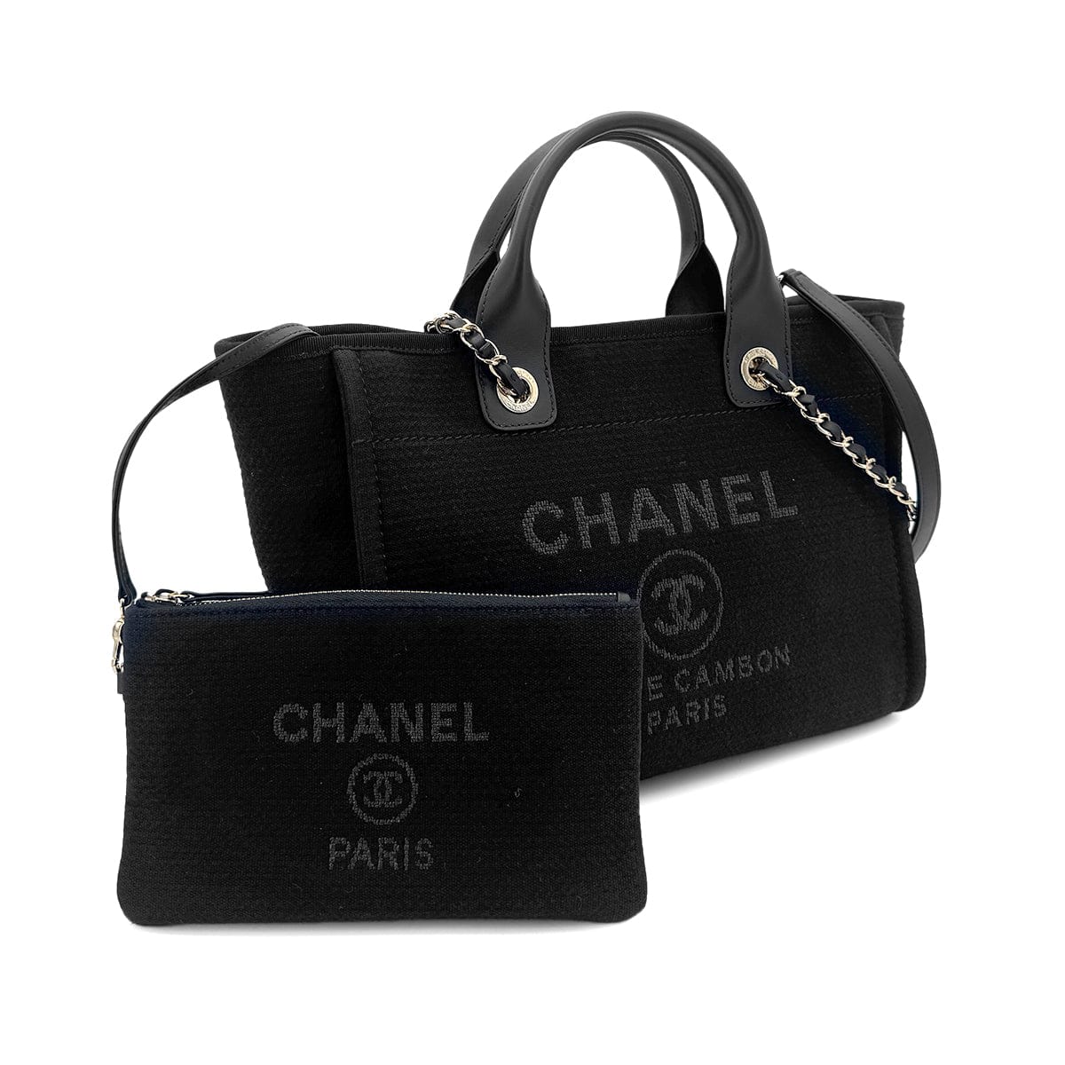 CHANEL CHANEL DEAUVILLE MM CHAIN TOTE BAG BLACK CANVAS LEATHER 90301107