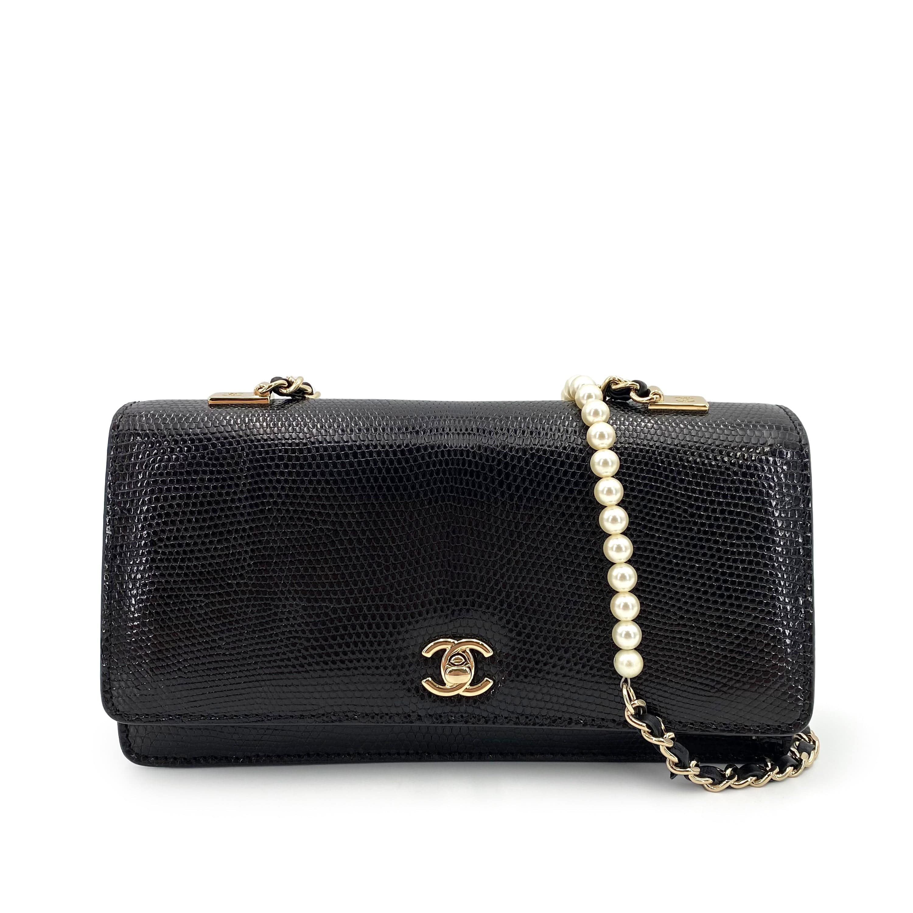 Chanel CHANEL FAKE PEARL CHAIN SHOULDER BAG BLACK LIZARD 90241644