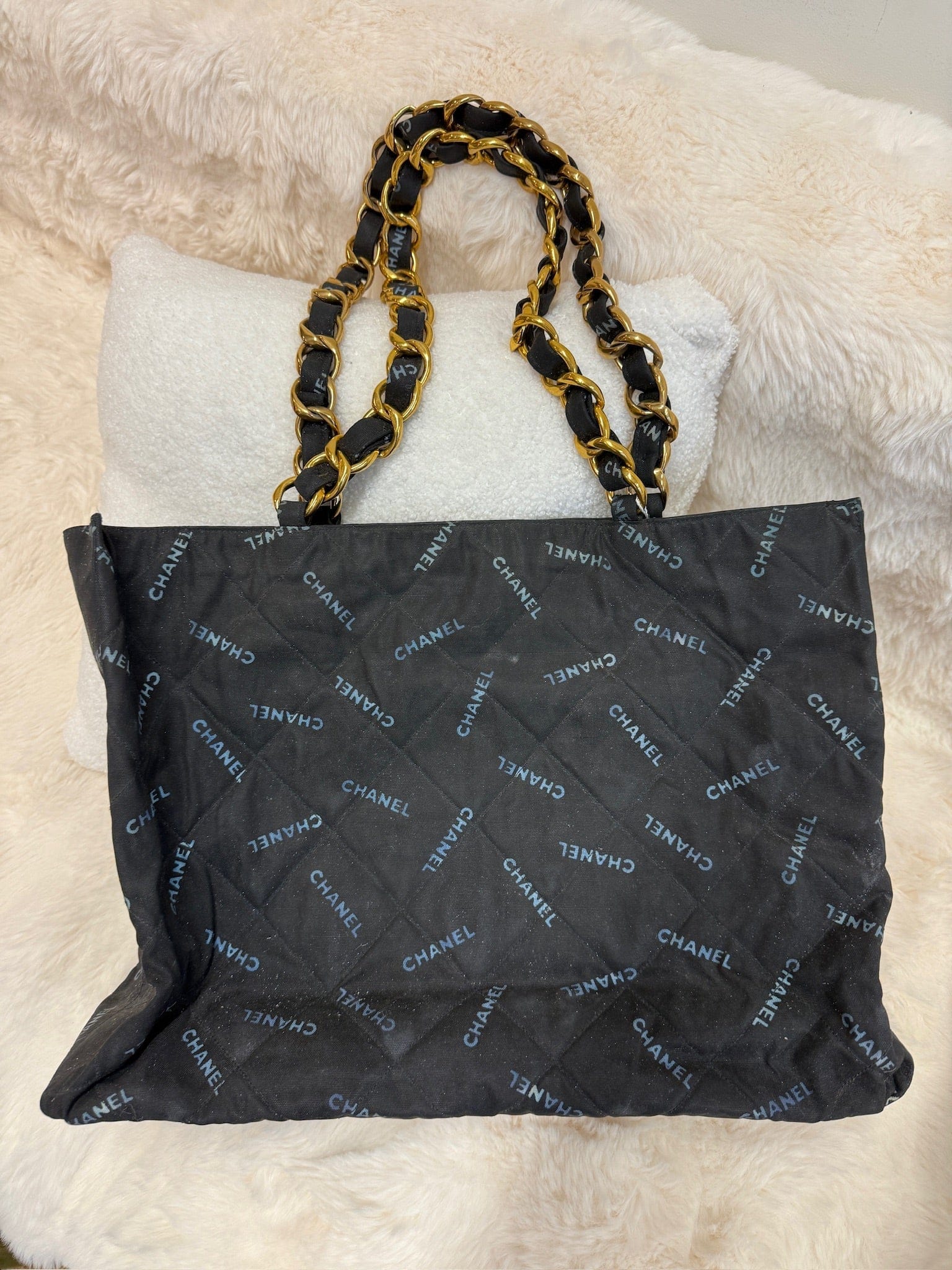 CHANEL Chanel Logo Print Fabric Chain Tote