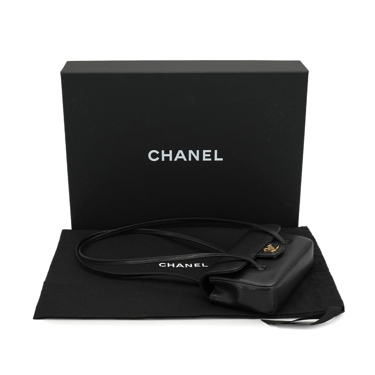 CHANEL CHANEL STRAP CLUTCH BAG BLACK CAVIAR SKIN GOLD HARDWARE AP5068 90326678