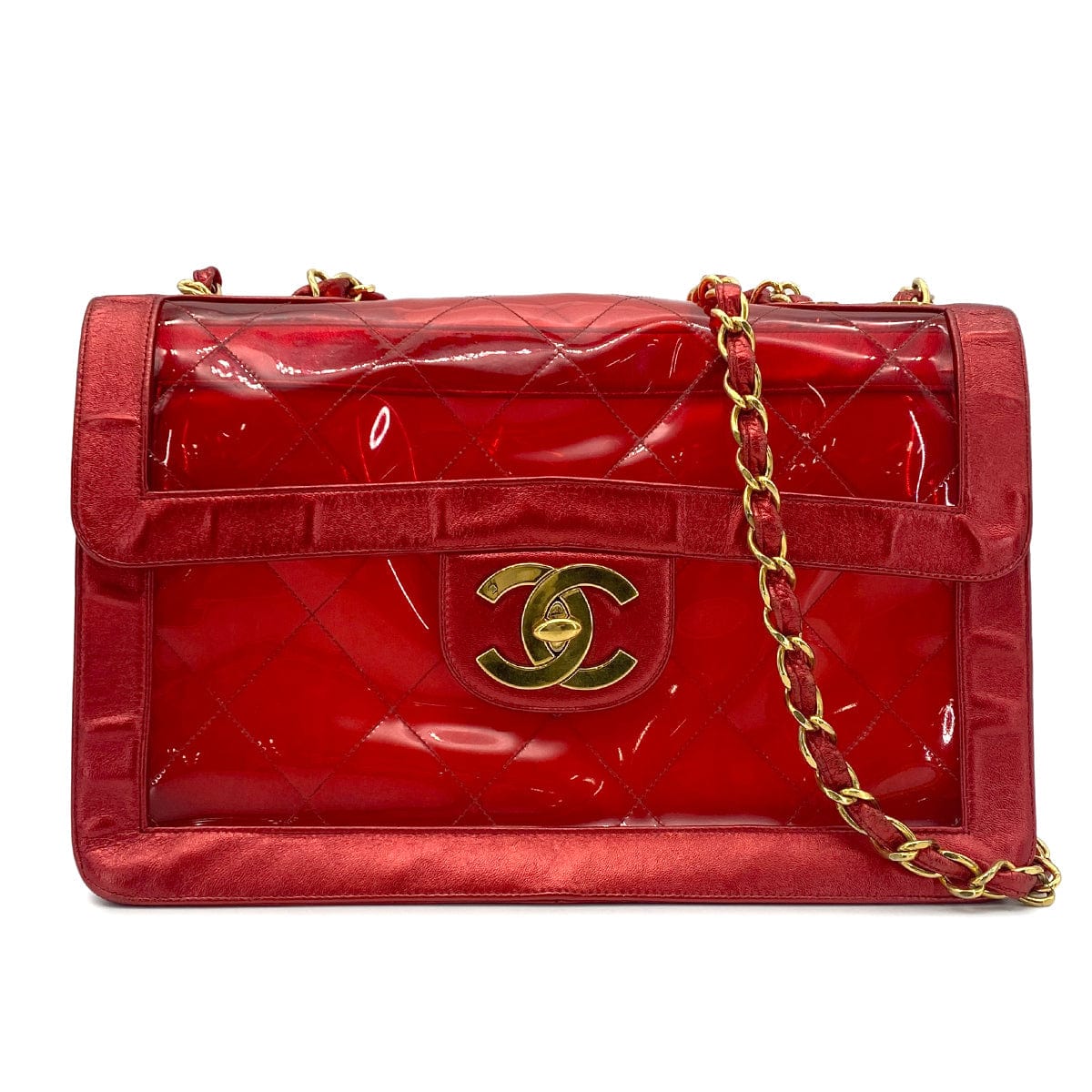 CHANEL CHANEL VINTAGE BIG COCO CLEAR CHAIN SHOULDER BAG RED VINYL LEATHER 90277070