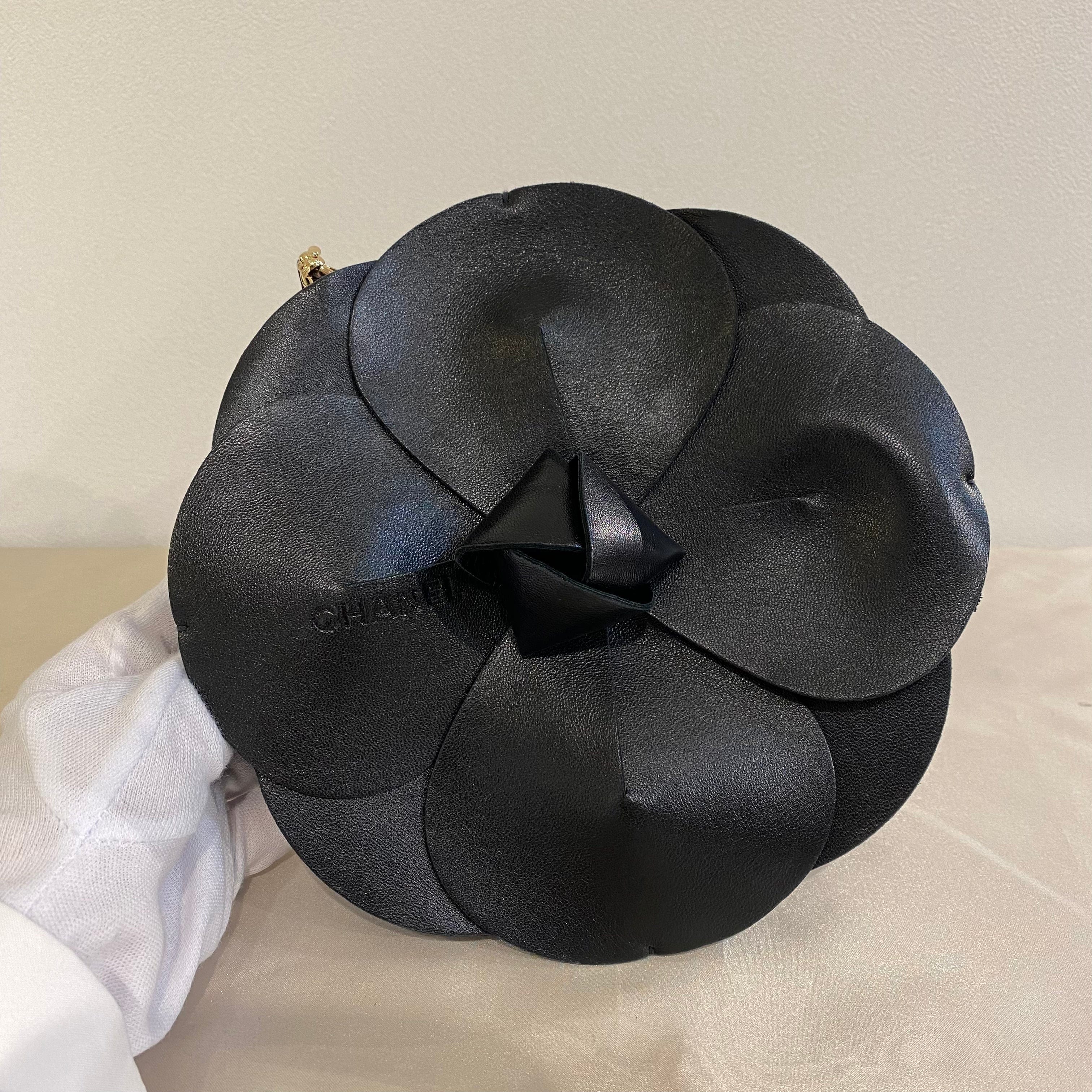 Chanel CHANEL VINTAGE CAMELLIA FLOWER CHAIN SHOULDER BAG BLACK LAMB SKIN SATIN 90199296