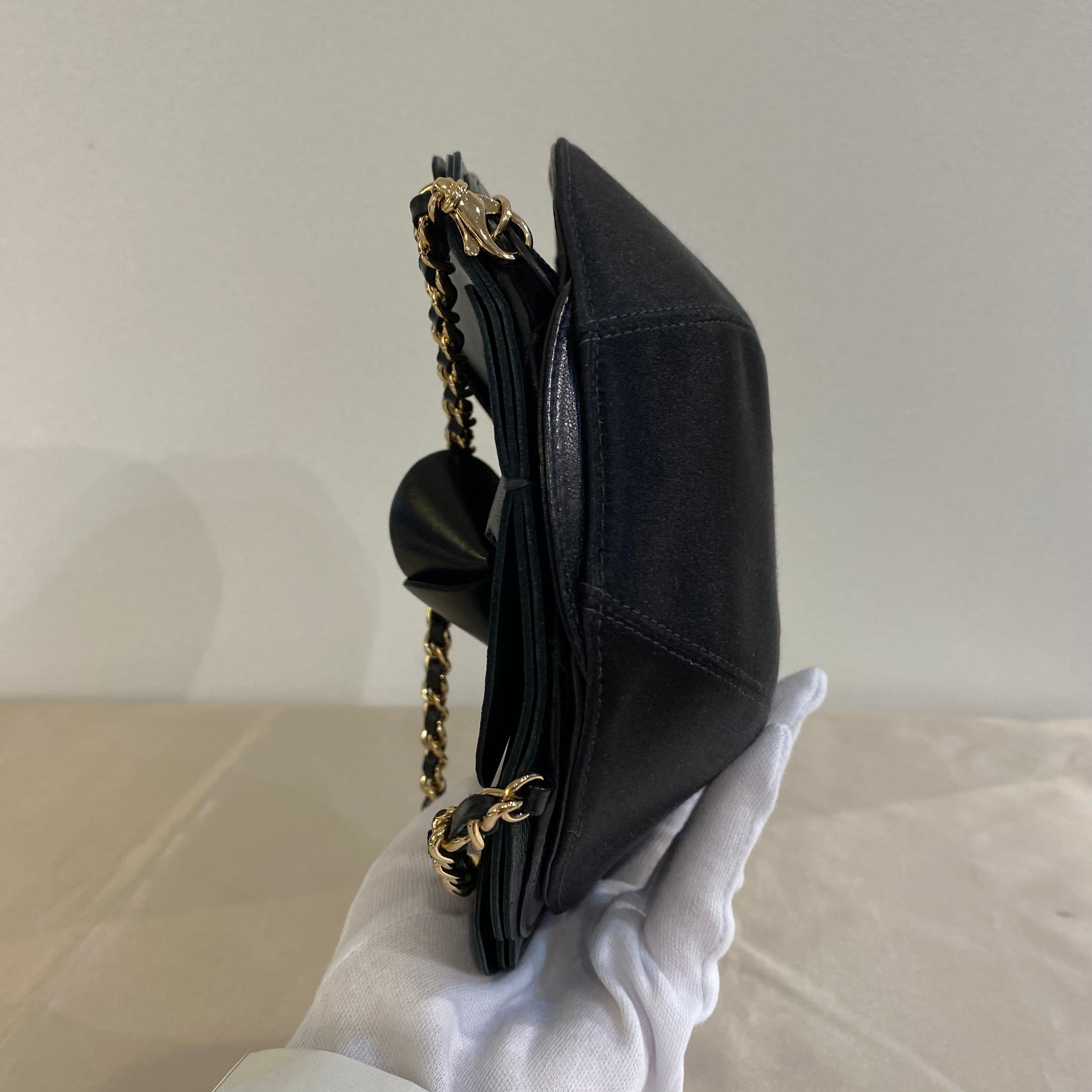 Chanel CHANEL VINTAGE CAMELLIA FLOWER CHAIN SHOULDER BAG BLACK LAMB SKIN SATIN 90199296