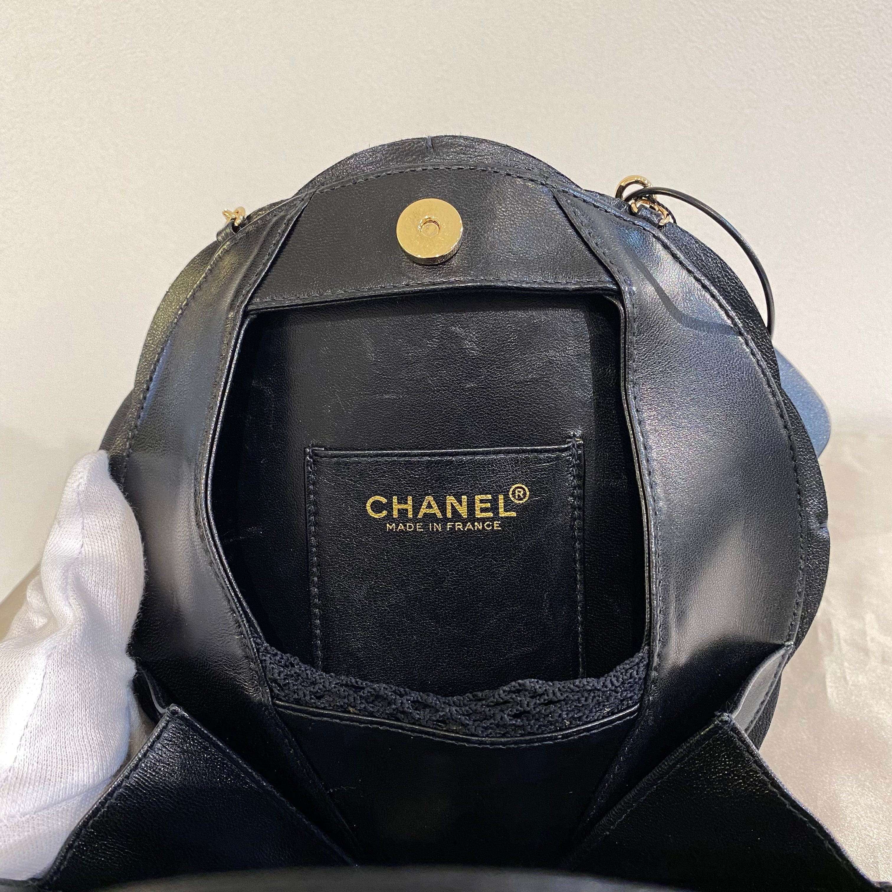 Chanel CHANEL VINTAGE CAMELLIA FLOWER CHAIN SHOULDER BAG BLACK LAMB SKIN SATIN 90199296