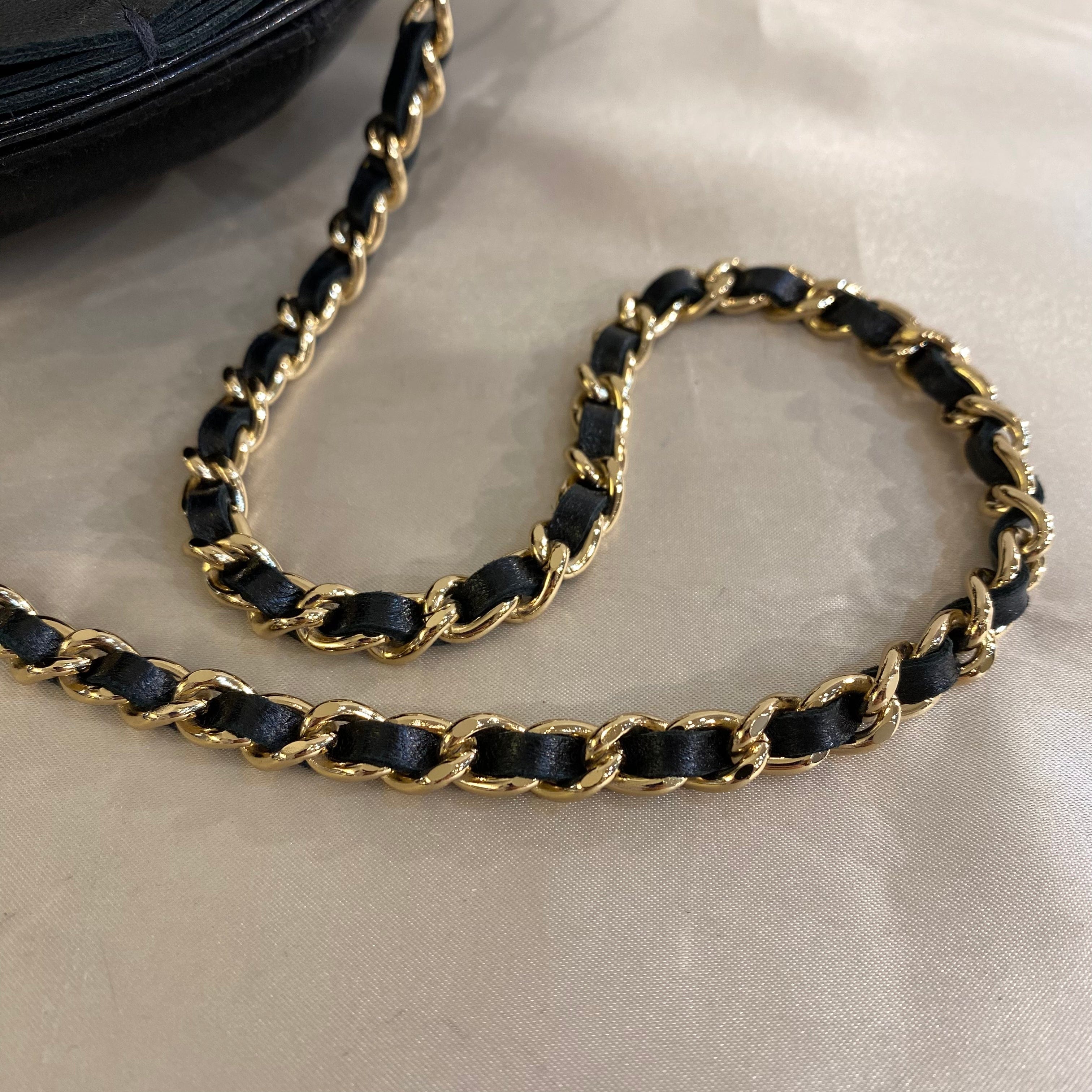 Chanel CHANEL VINTAGE CAMELLIA FLOWER CHAIN SHOULDER BAG BLACK LAMB SKIN SATIN 90199296