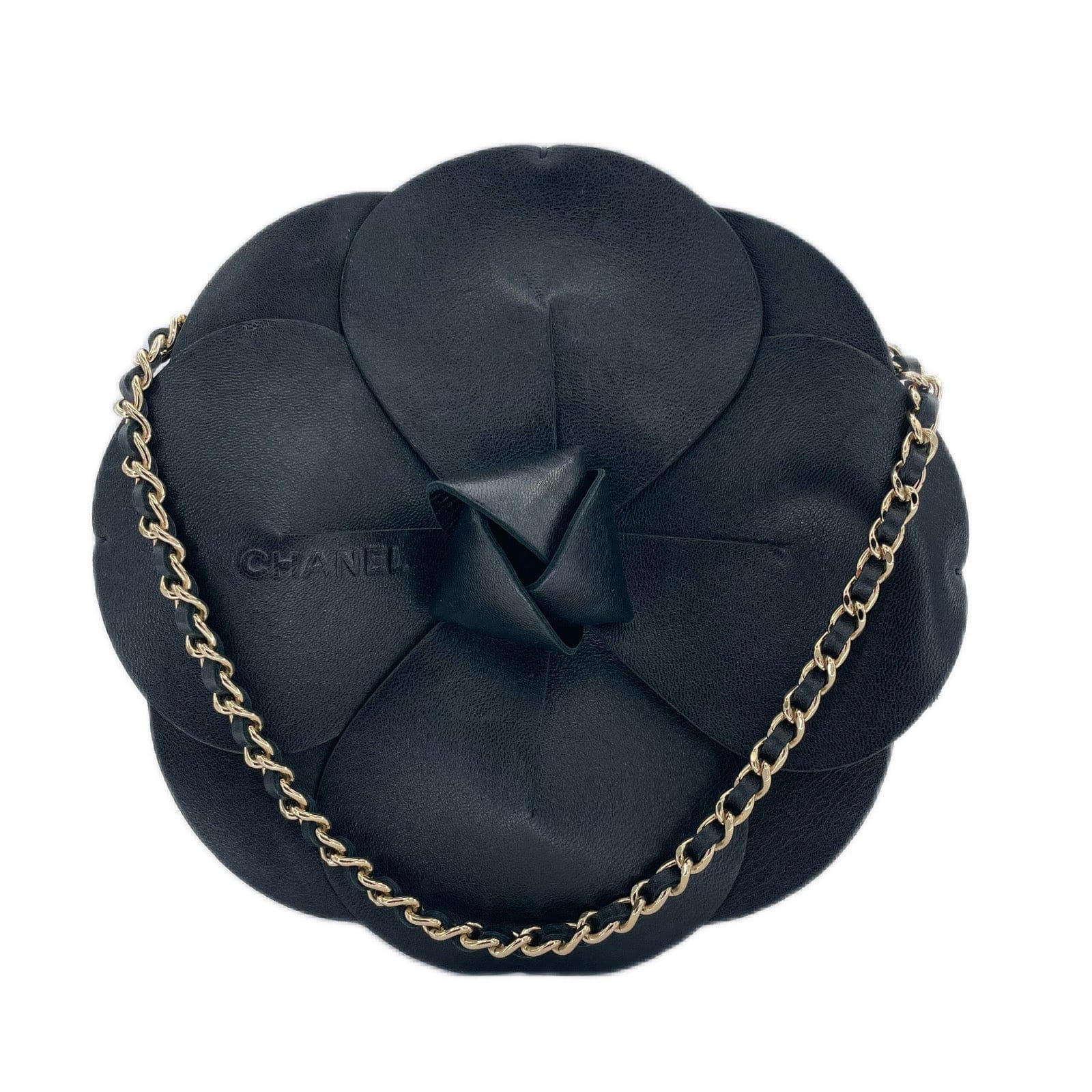 Chanel CHANEL VINTAGE CAMELLIA FLOWER CHAIN SHOULDER BAG BLACK LAMB SKIN SATIN 90199296
