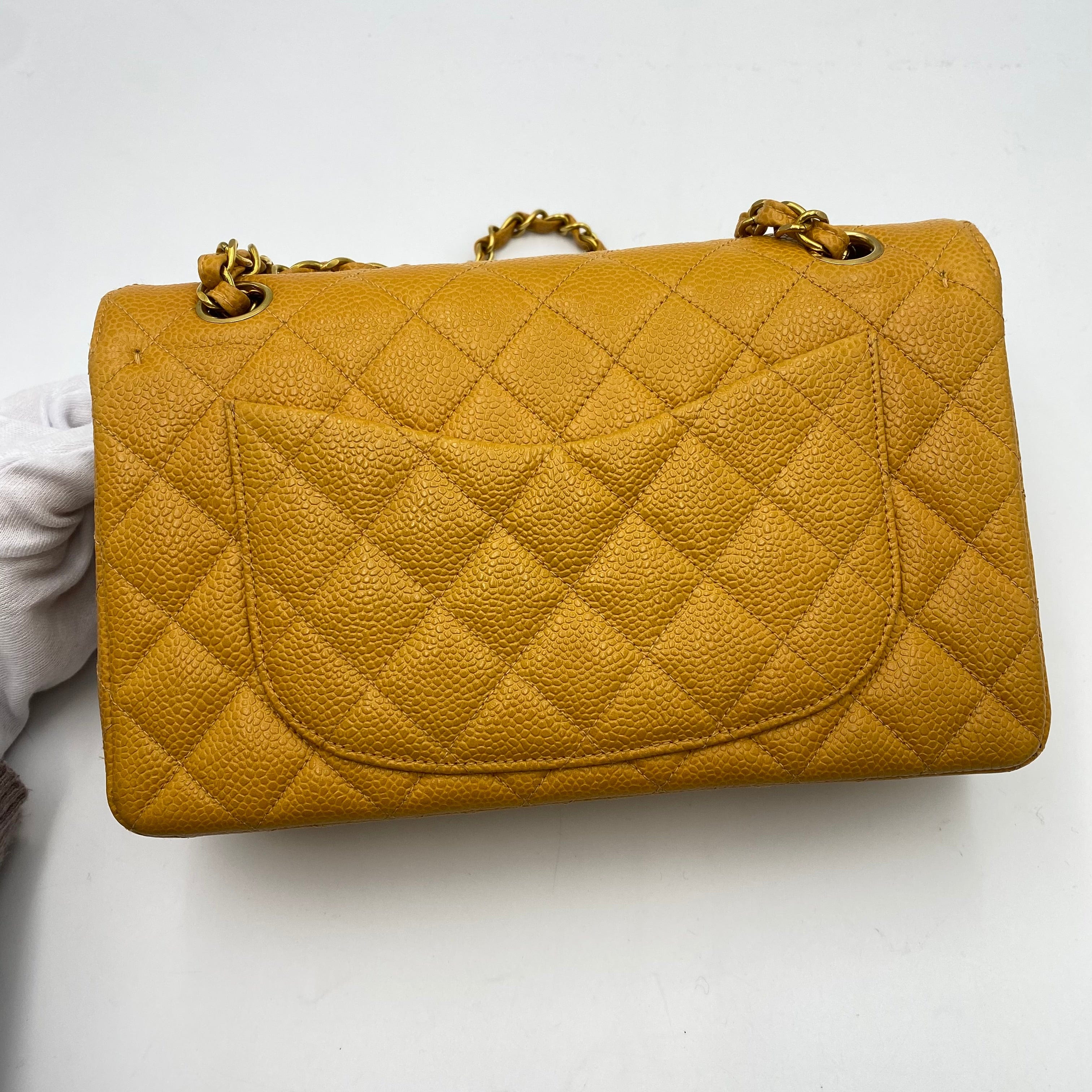 CHANEL CHANEL VINTAGE CLASSIC FLAP SMALL CHAIN SHOULDER BAG YELLOW CAVIAR SKIN 90223186